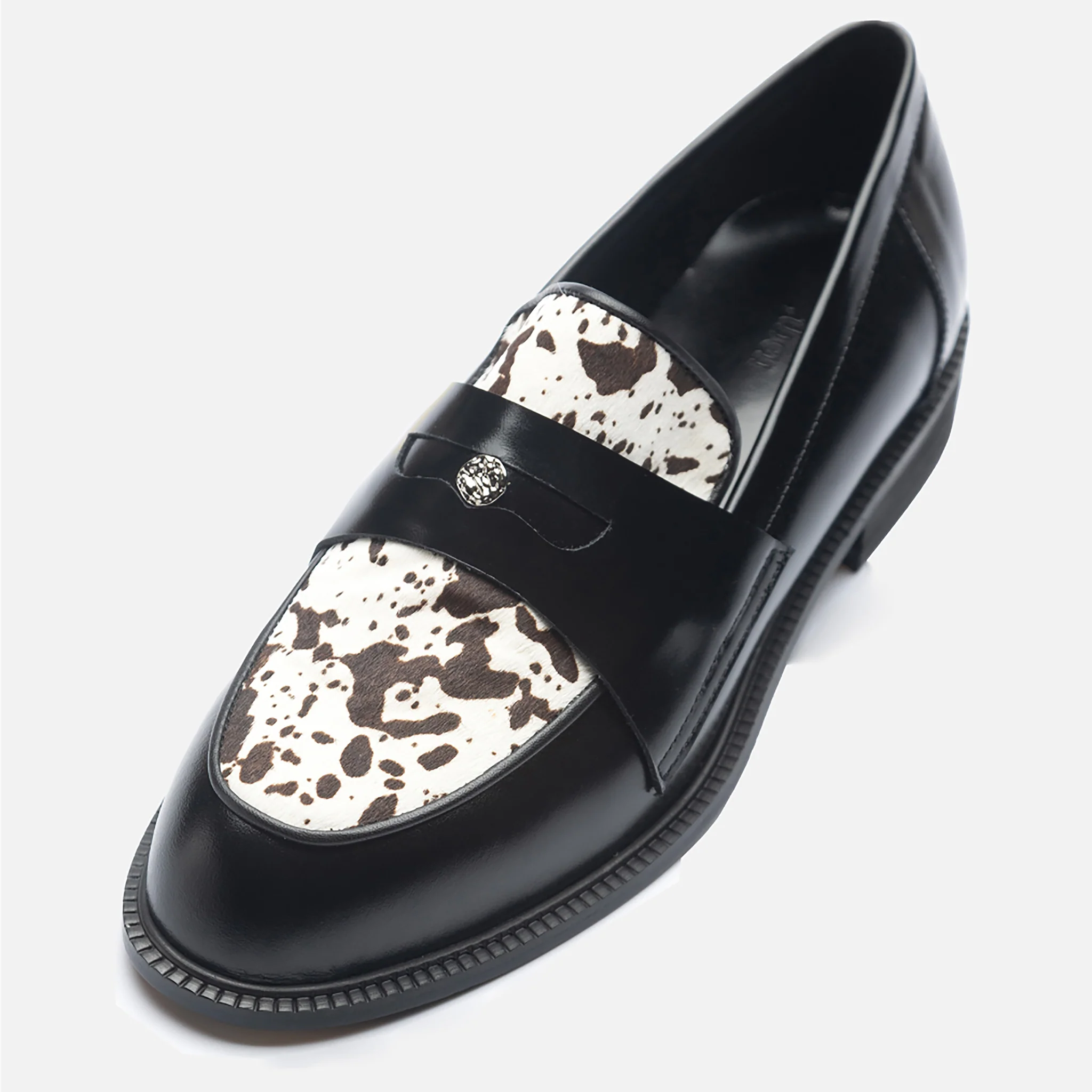 Black Leather Loafers with
Cowhide Print Vamp - Image 4