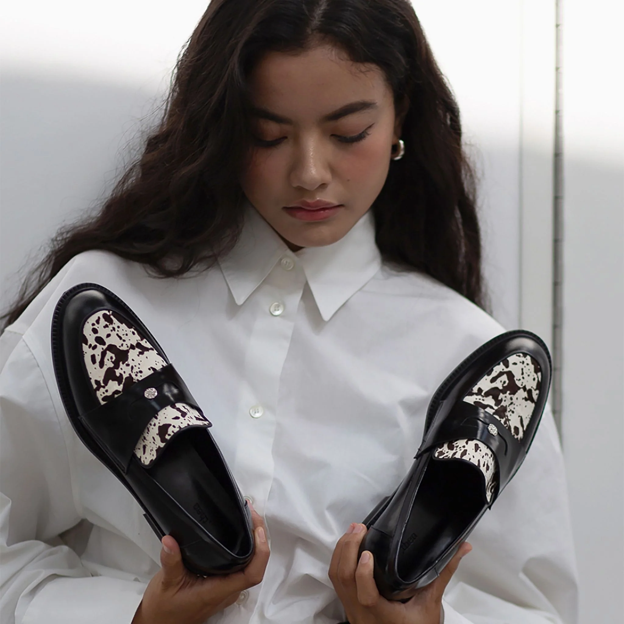 Black Leather Loafers with
Cowhide Print Vamp - Image 7