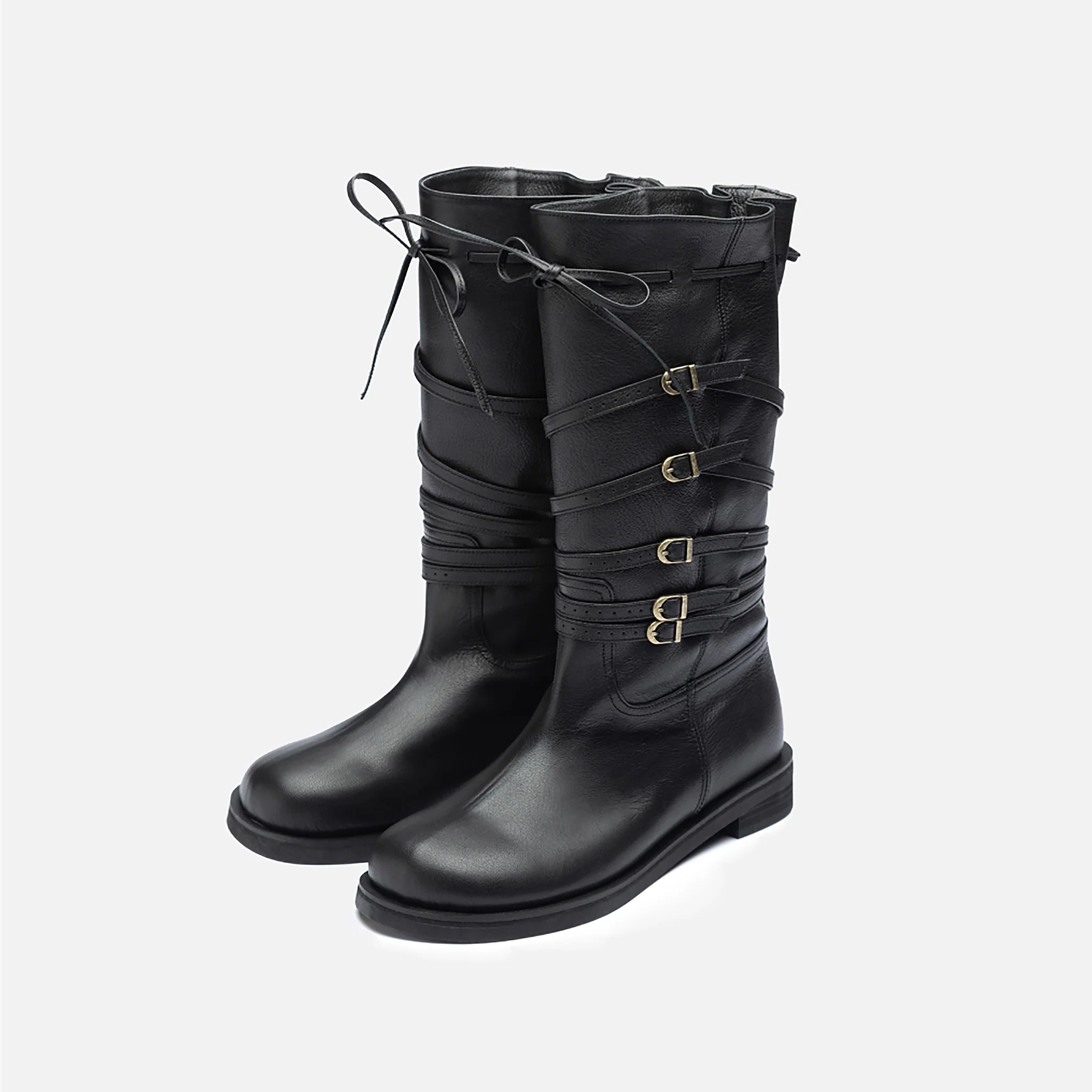 Black Leather 
Multi‑Strap Buckle Mid-Calf Boots - Image 2