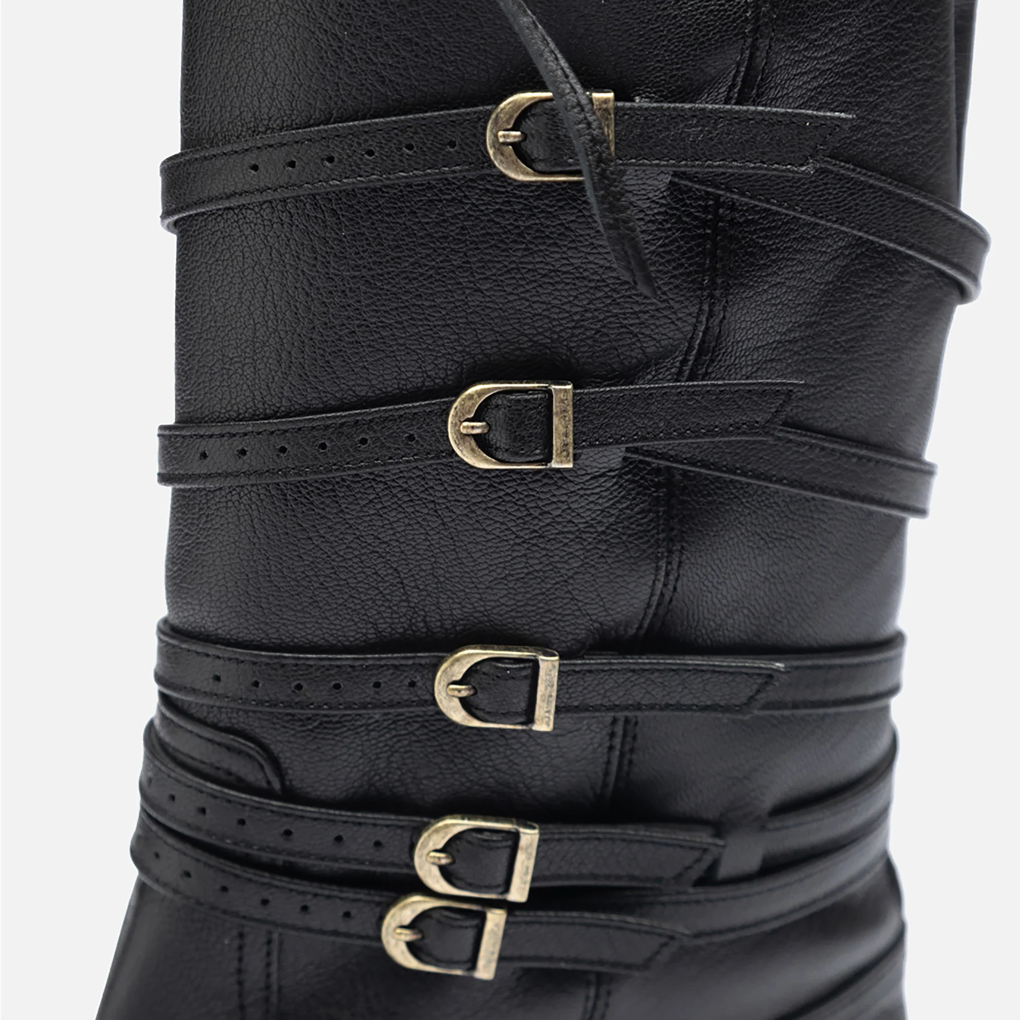 Black Leather 
Multi‑Strap Buckle Mid-Calf Boots - Image 4