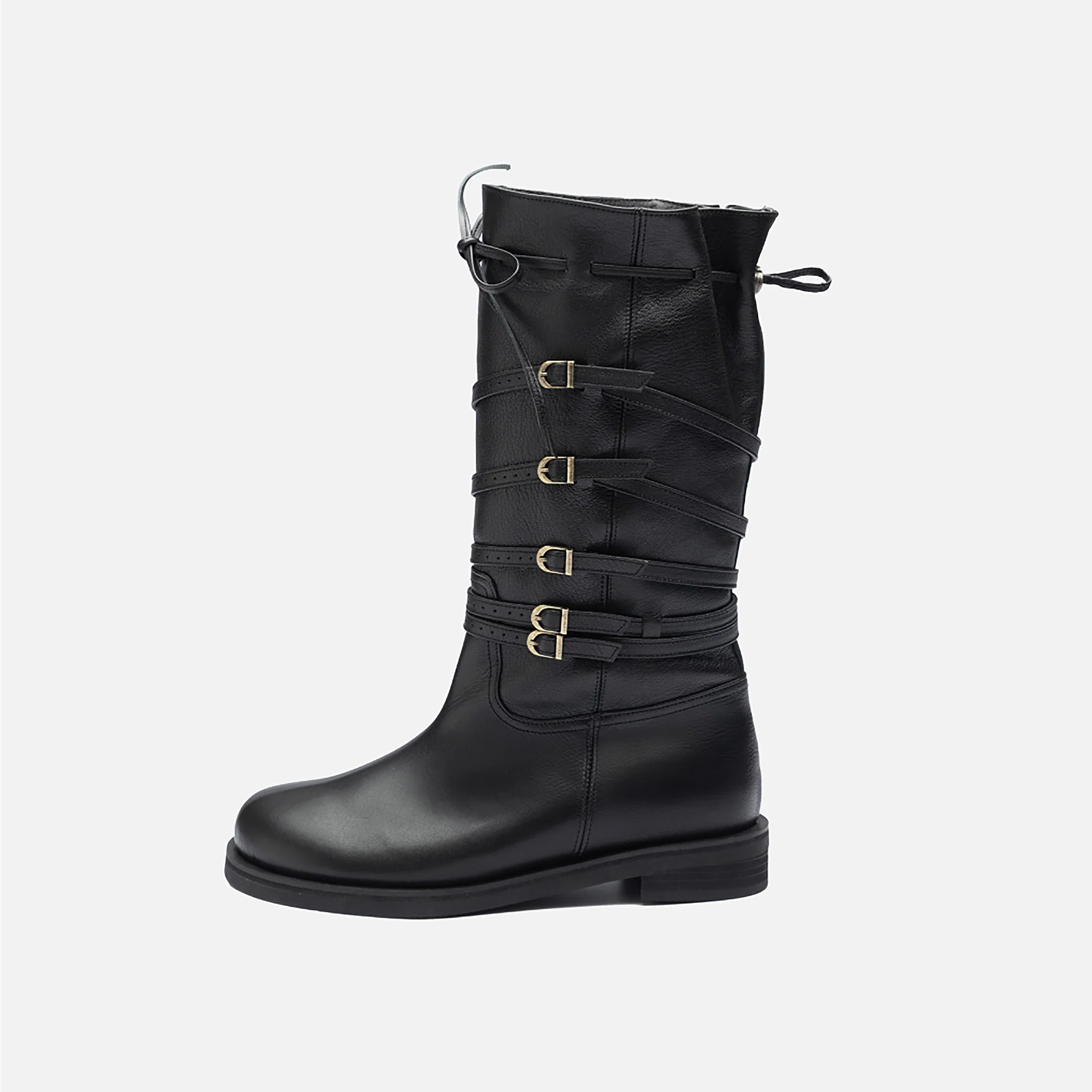 Black Leather 
Multi‑Strap Buckle Mid-Calf Boots - Image 5