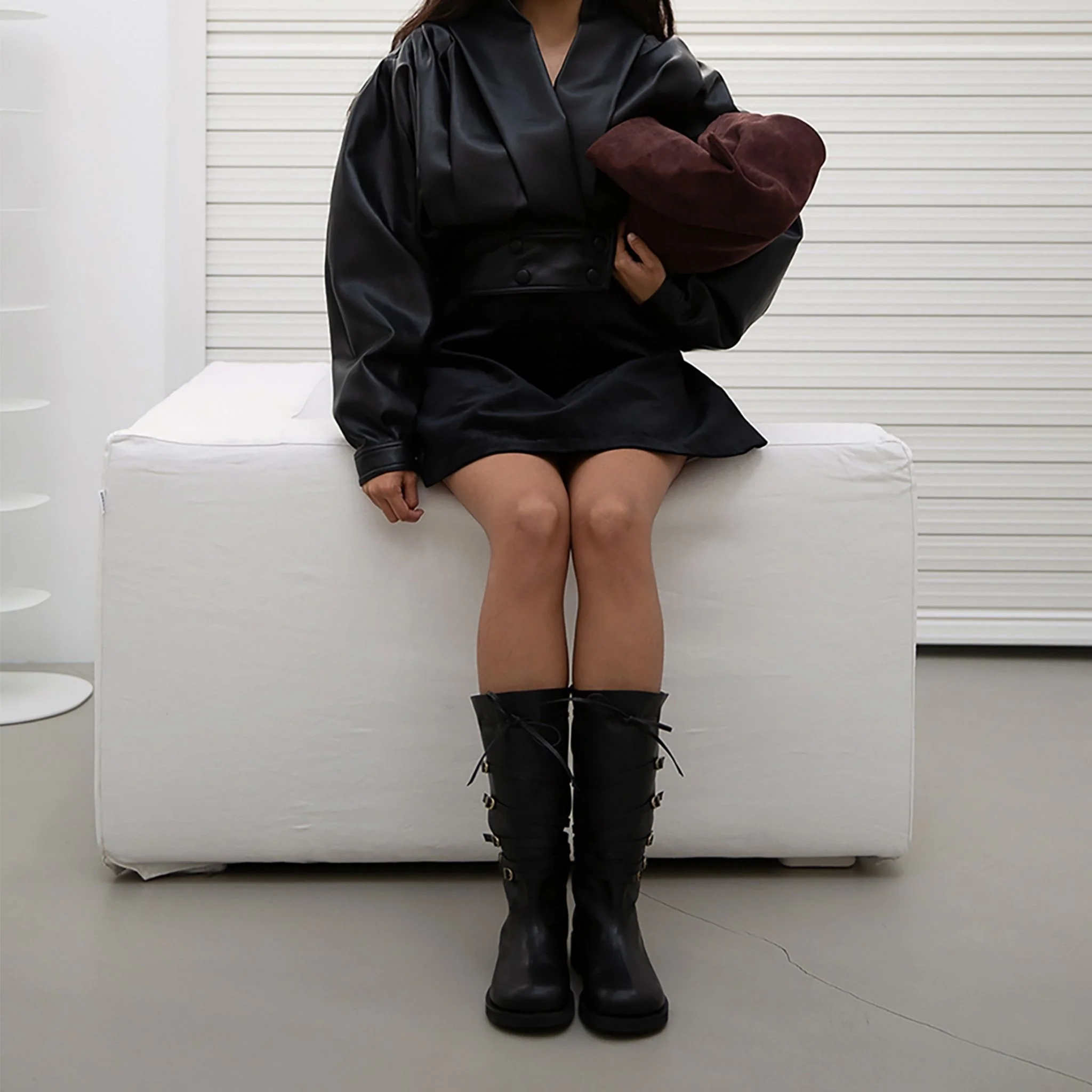 Black Leather 
Multi‑Strap Buckle Mid-Calf Boots - Image 7