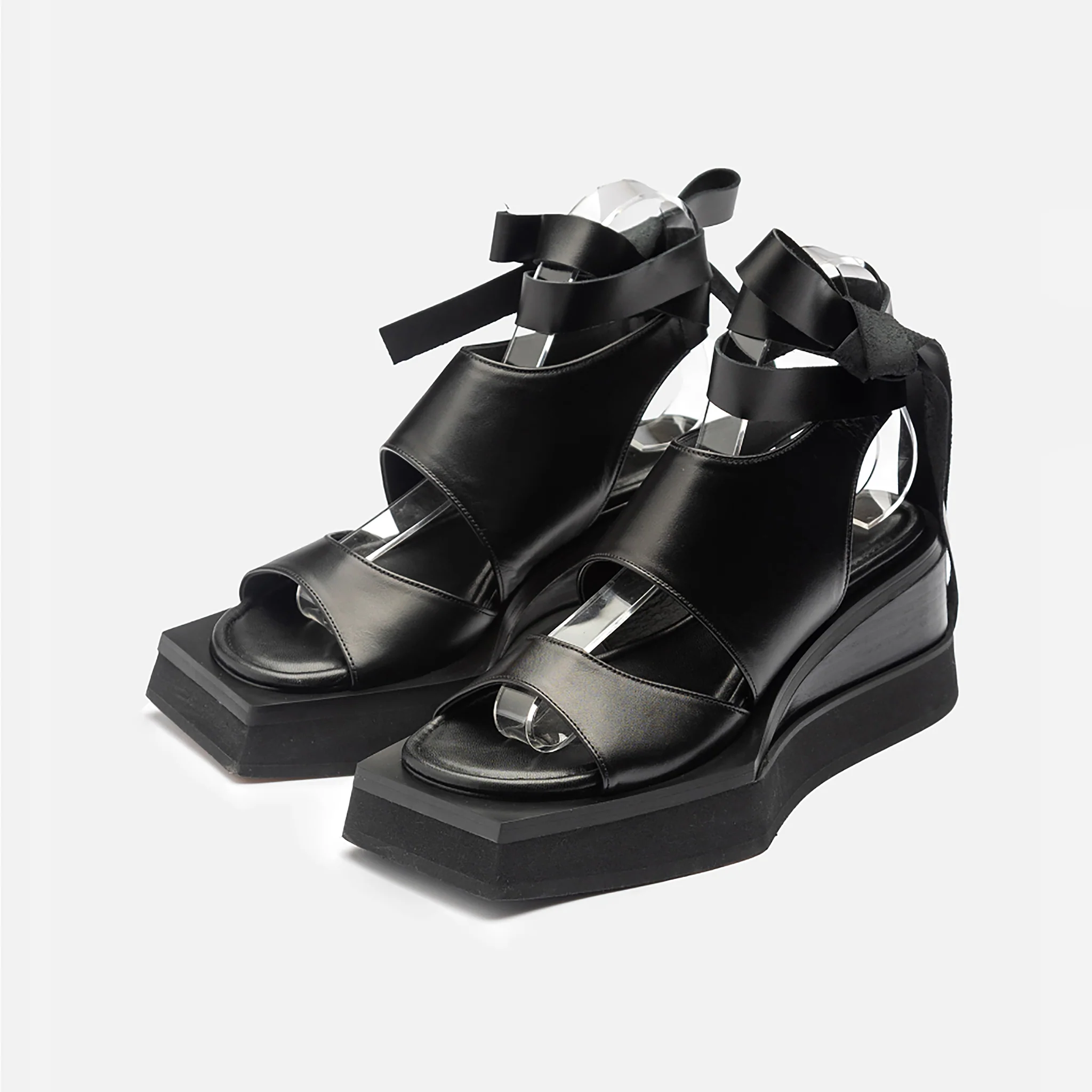 Black Leather Ribbon Strap Platform Sandals - Image 2