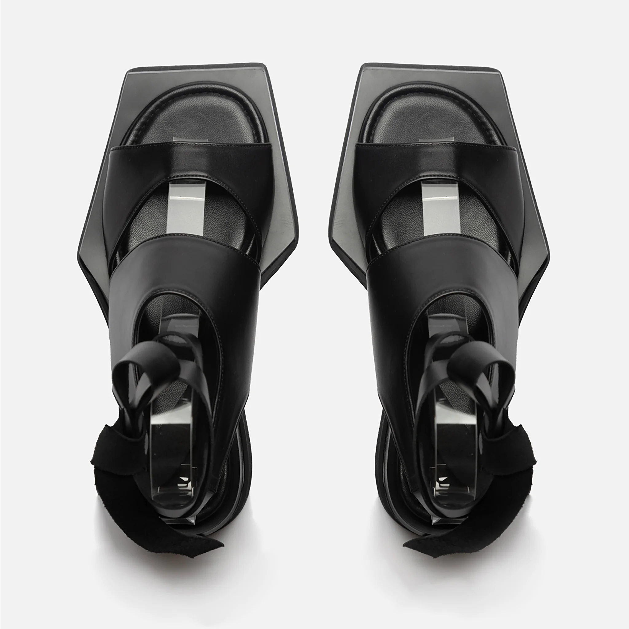 Black Leather Ribbon Strap Platform Sandals - Image 4