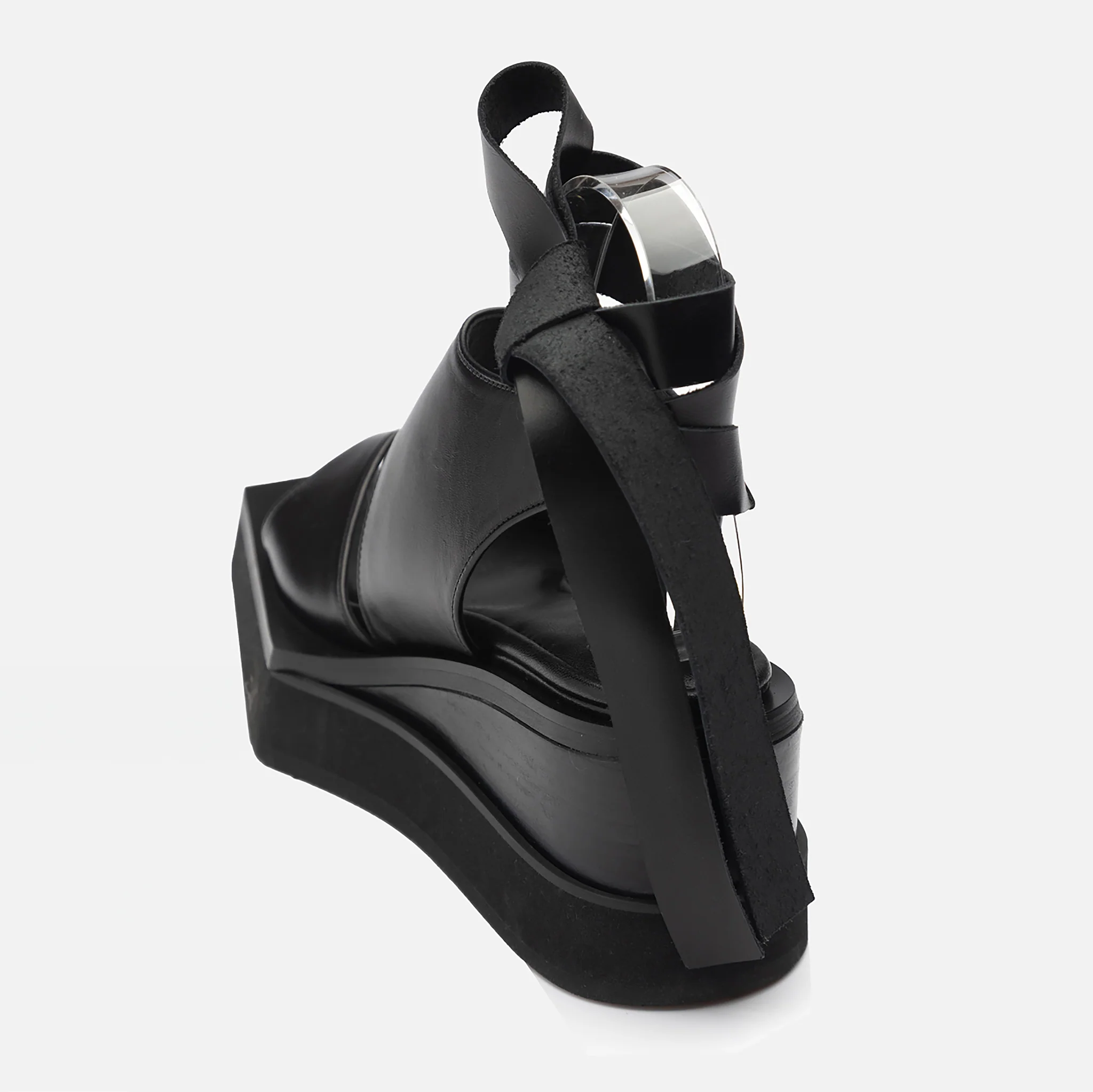 Black Leather Ribbon Strap Platform Sandals - Image 5