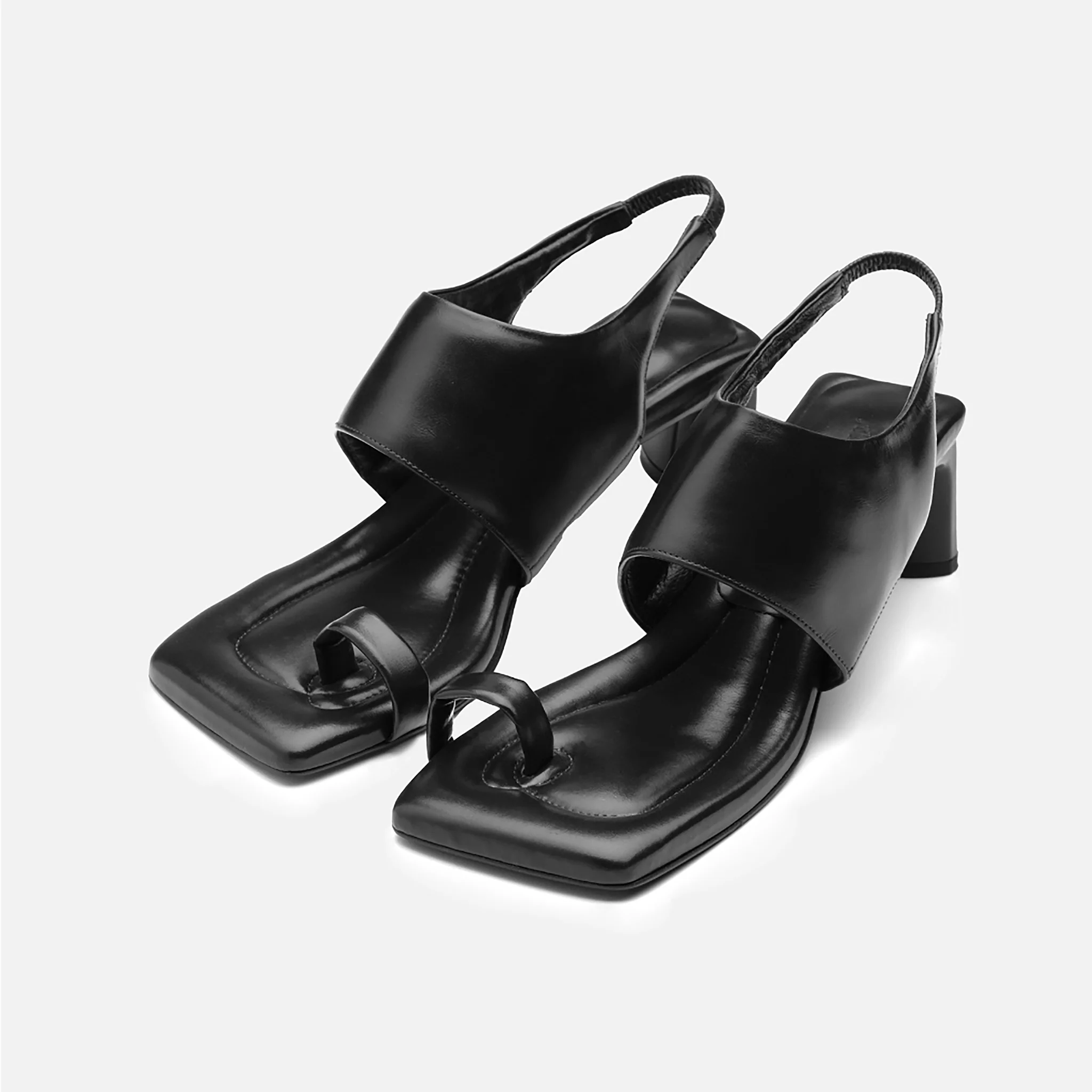Black Leather Square-Toe Slingback Sandals - Image 3