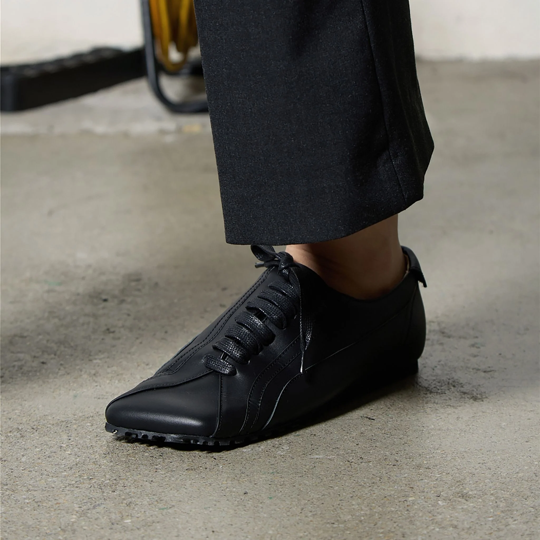 Black Matte Leather Diagonal Design Sneakers - Image 7