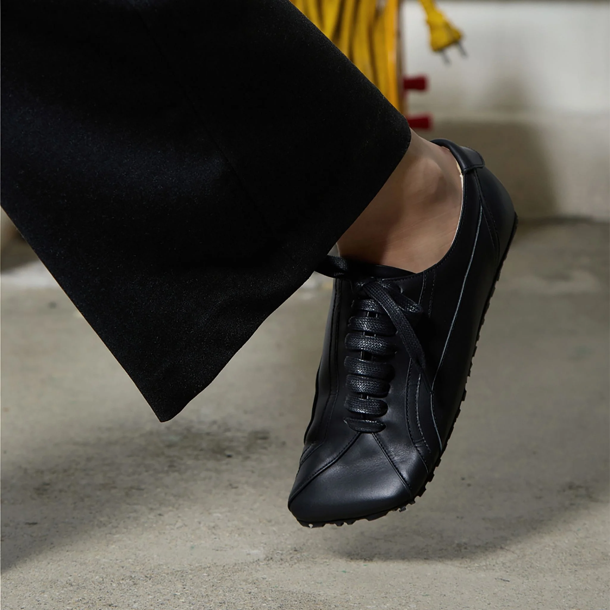 Black Matte Leather Diagonal Design Sneakers - Image 8