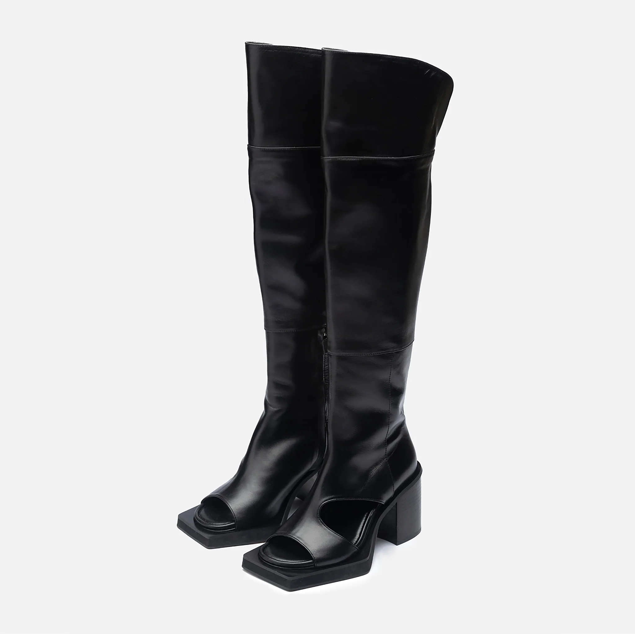 Black Open-Toe Knee-High Leather Boots - Image 2