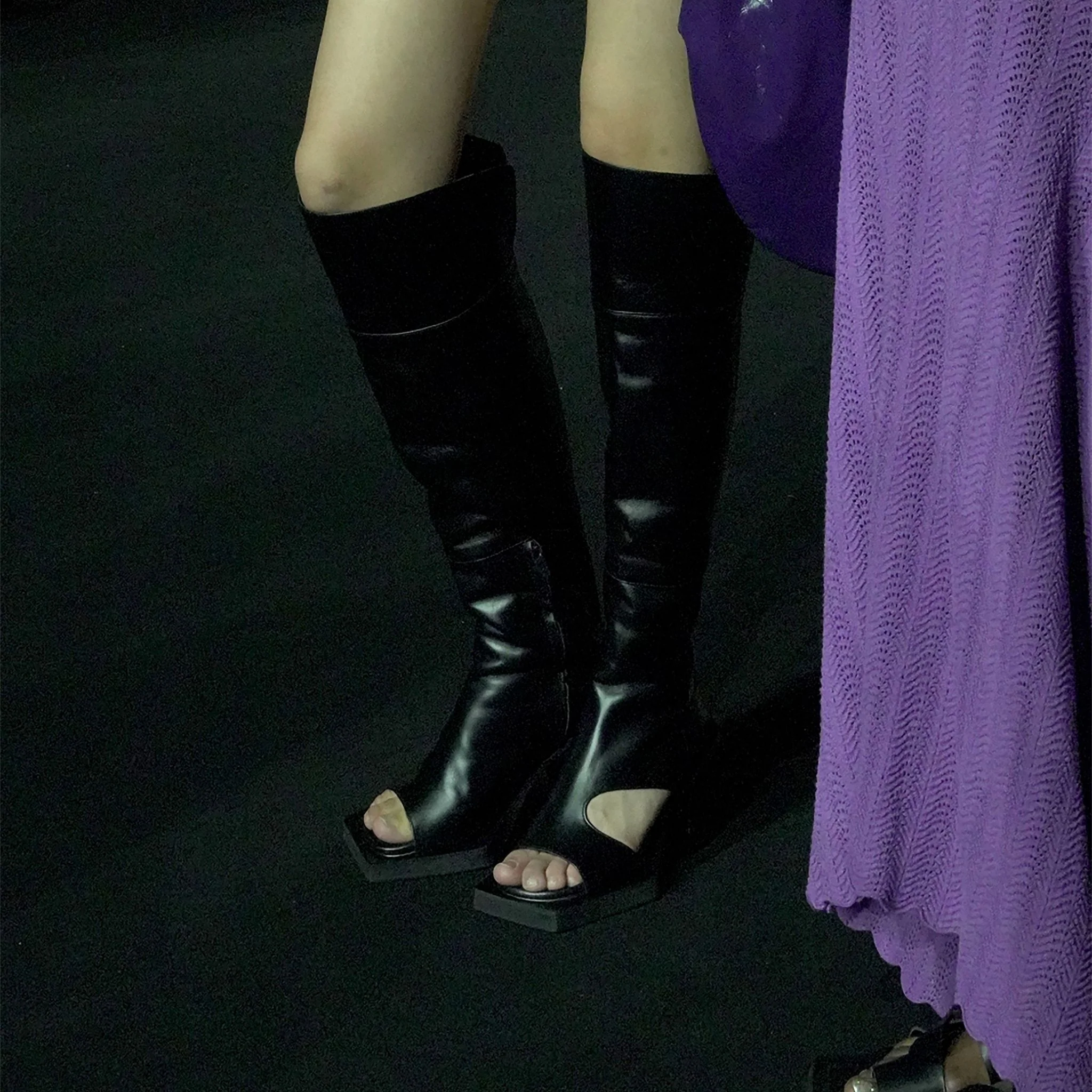 Black Open-Toe Knee-High Leather Boots - Image 7
