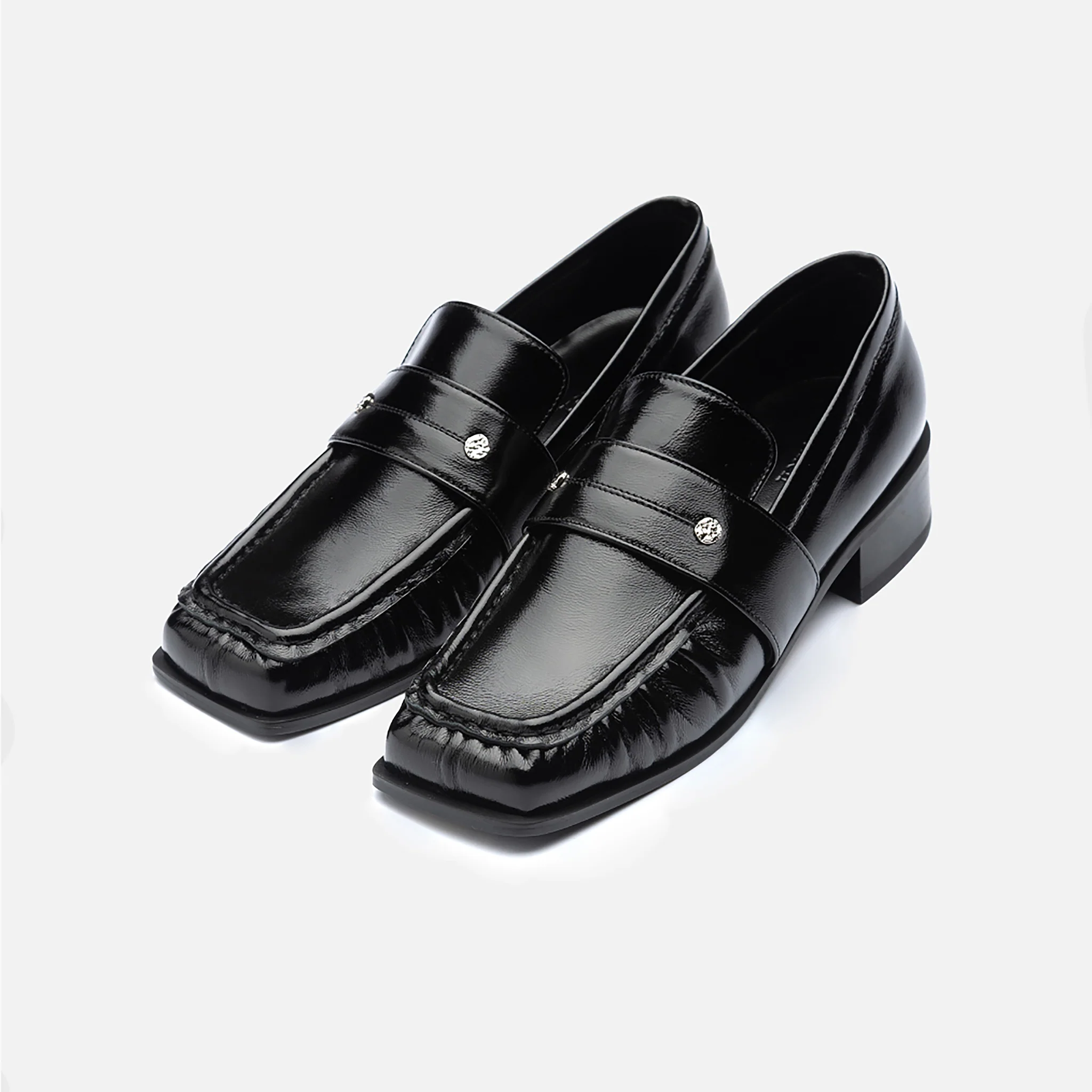 Black Square Leather Loafers with Shirring - Image 3