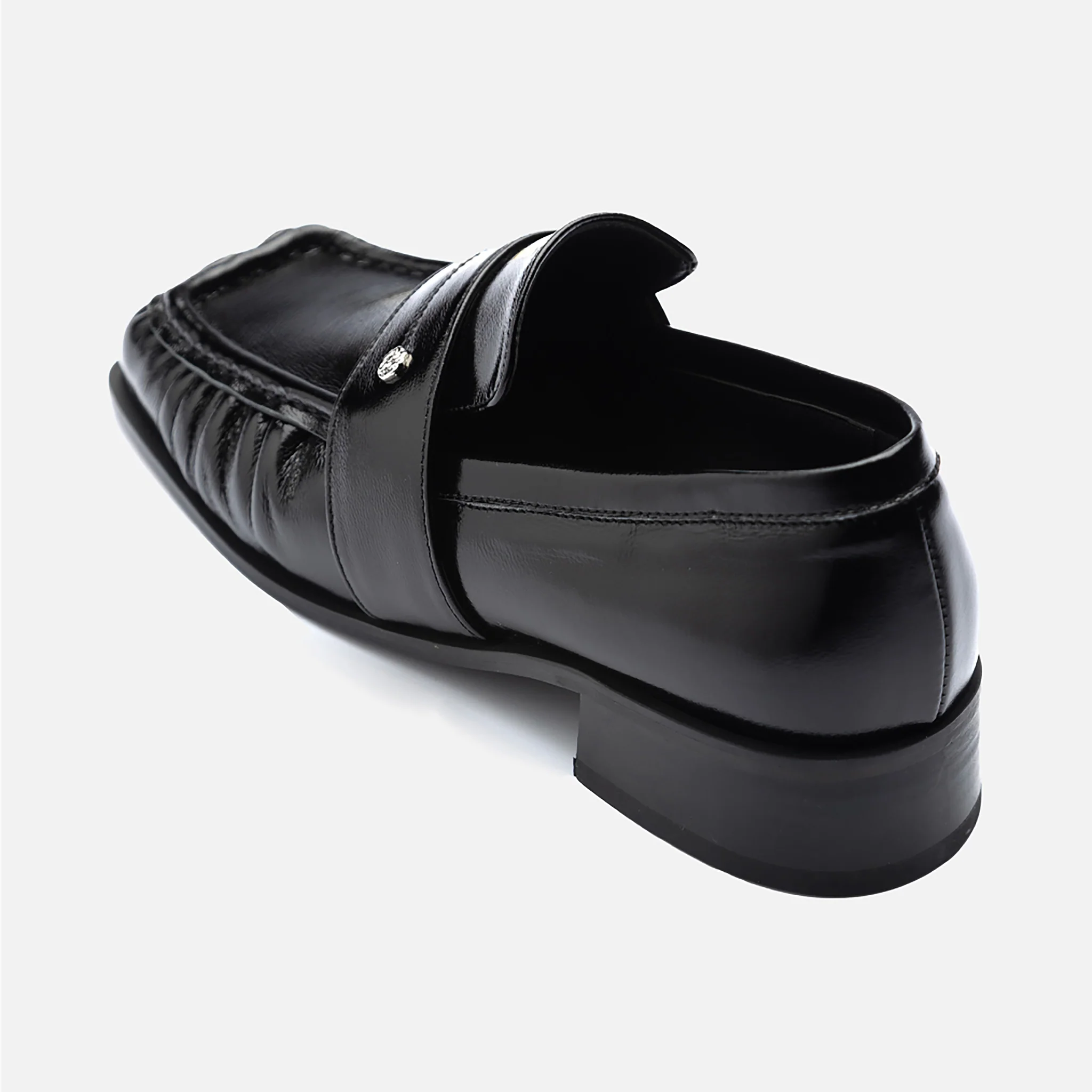 Black Square Leather Loafers with Shirring - Image 4