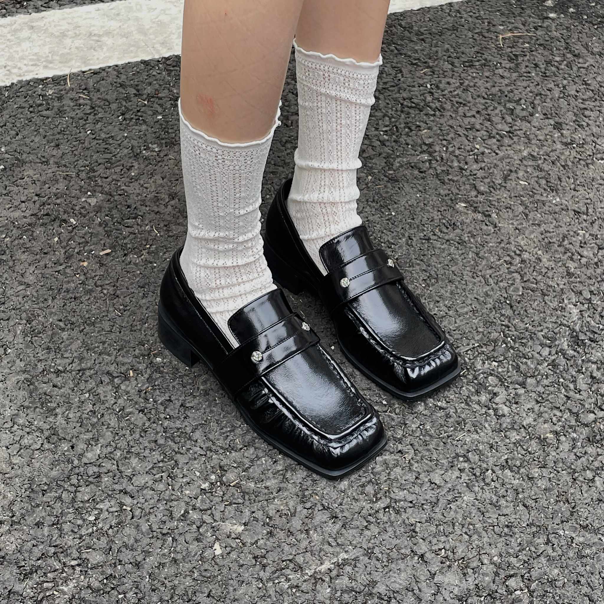 Black Square Leather Loafers with Shirring - Image 7