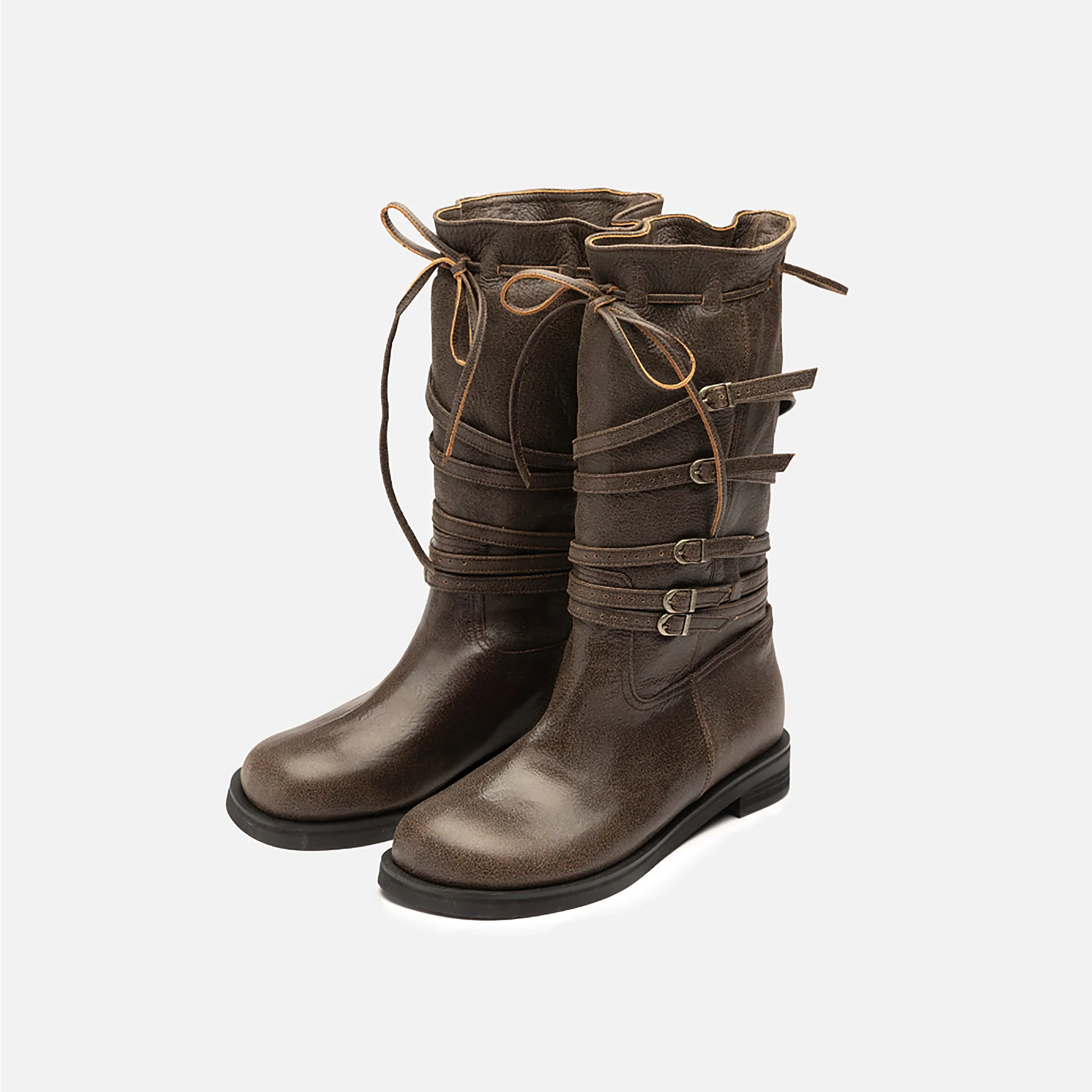 Brown Leather 
Multi‑Strap Buckle Mid‑Calf Boots - Image 2
