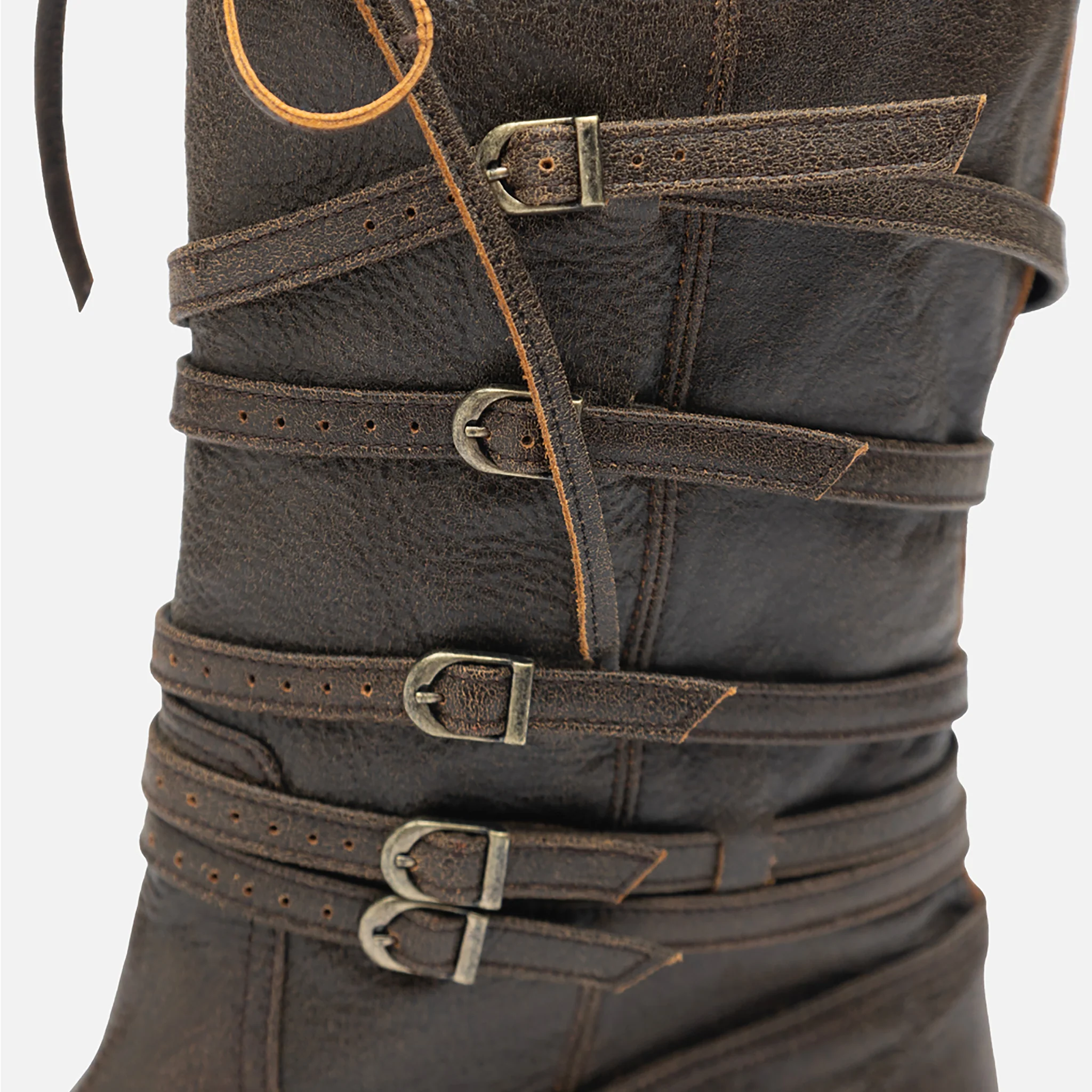 Brown Leather 
Multi‑Strap Buckle Mid‑Calf Boots - Image 3