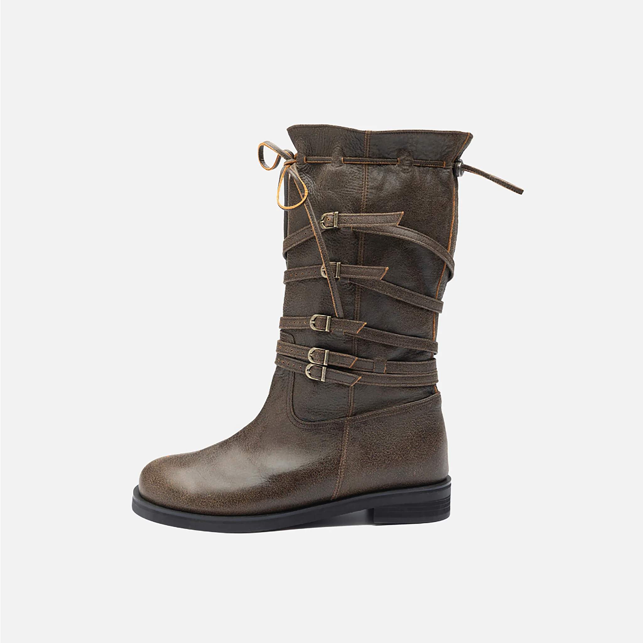 Brown Leather 
Multi‑Strap Buckle Mid‑Calf Boots - Image 5