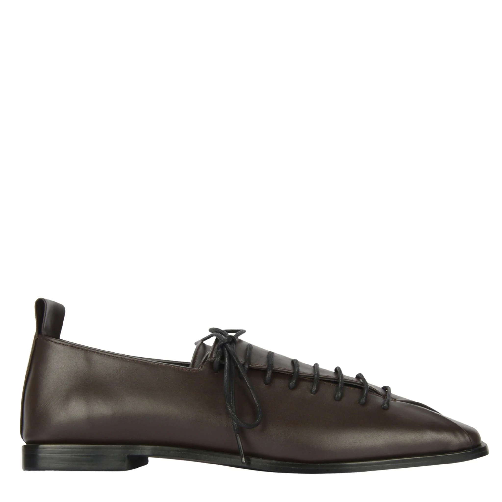 Brown Square-Toe Lace-Up Leather Flats