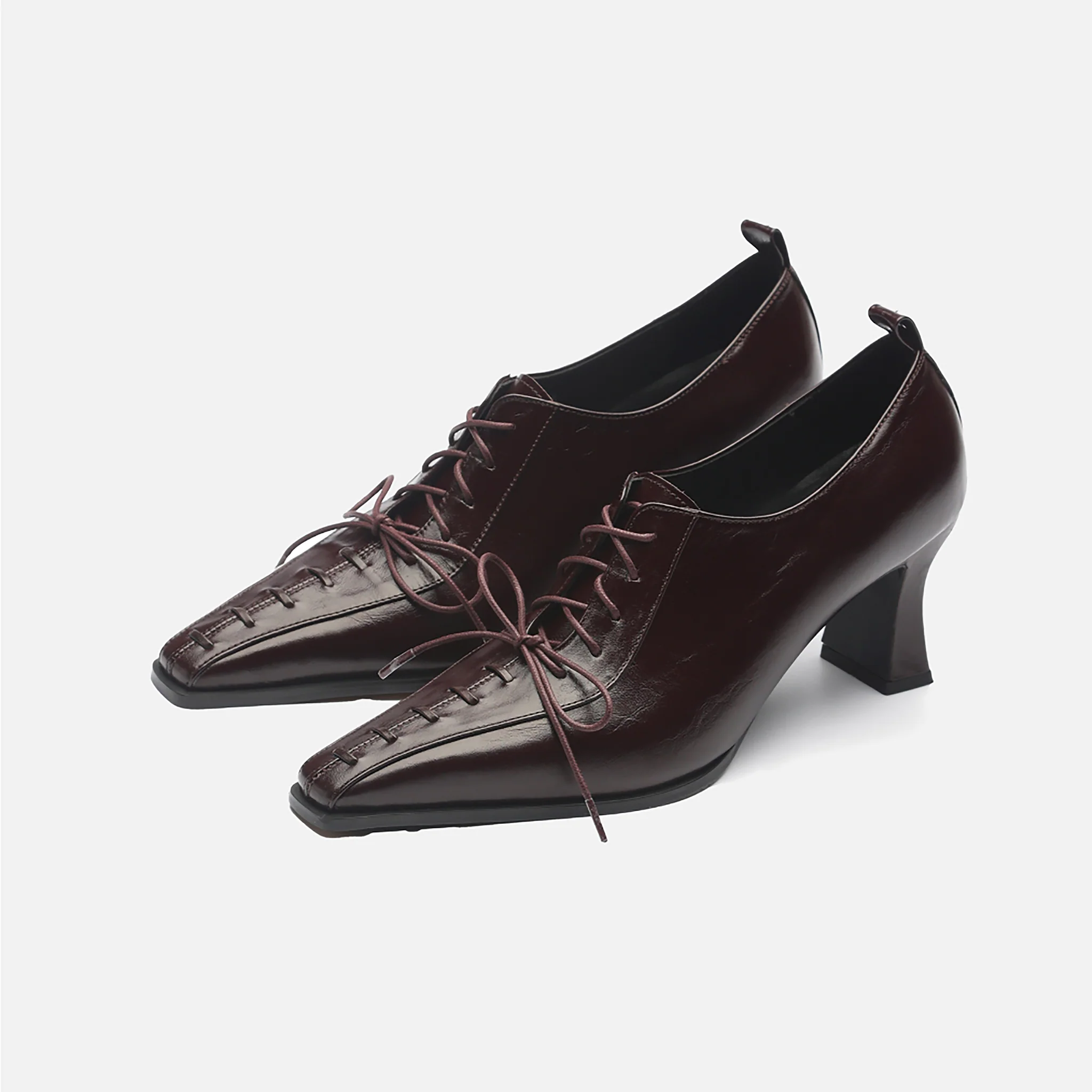 Burgundy Leather 
Lace-Up Heeled Pumps - Image 3