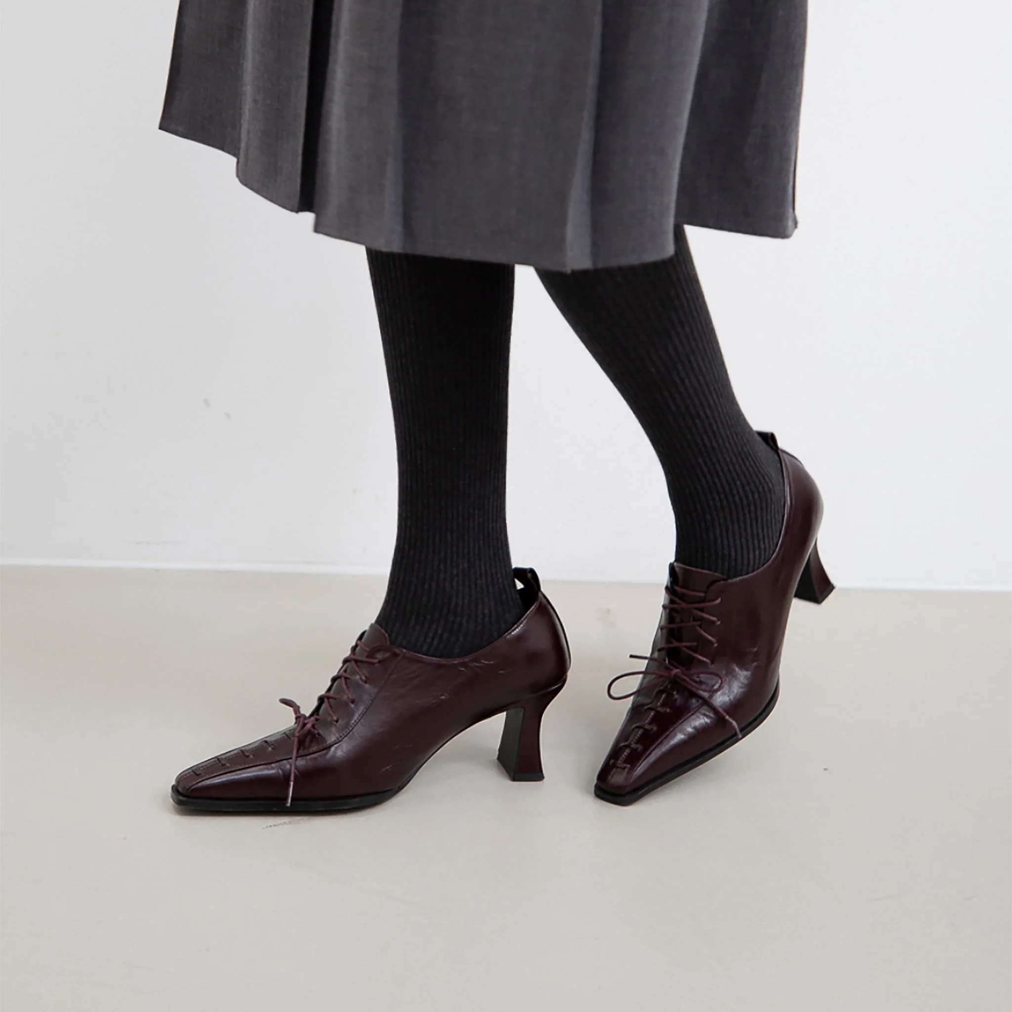Burgundy Leather 
Lace-Up Heeled Pumps - Image 7