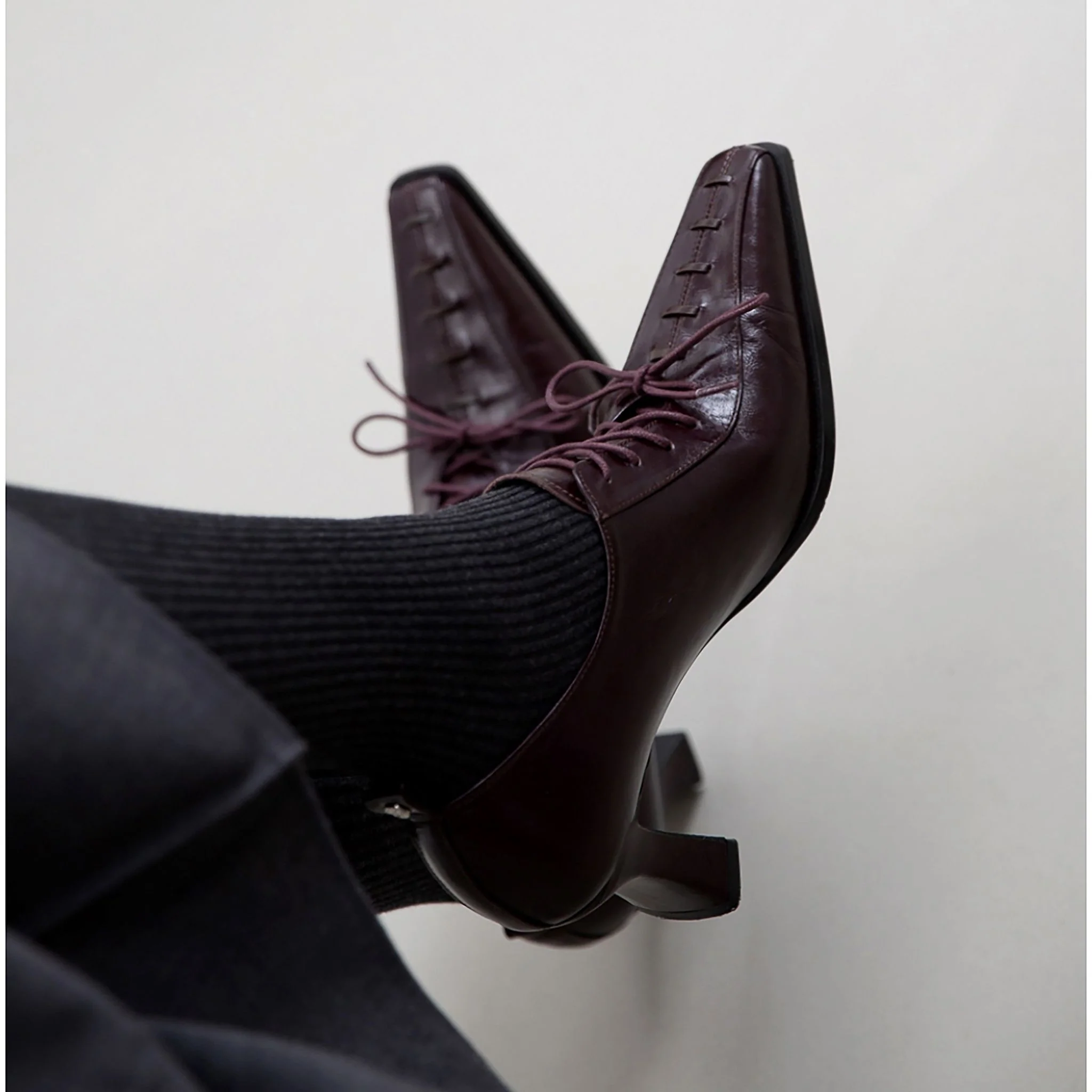 Burgundy Leather 
Lace-Up Heeled Pumps - Image 8