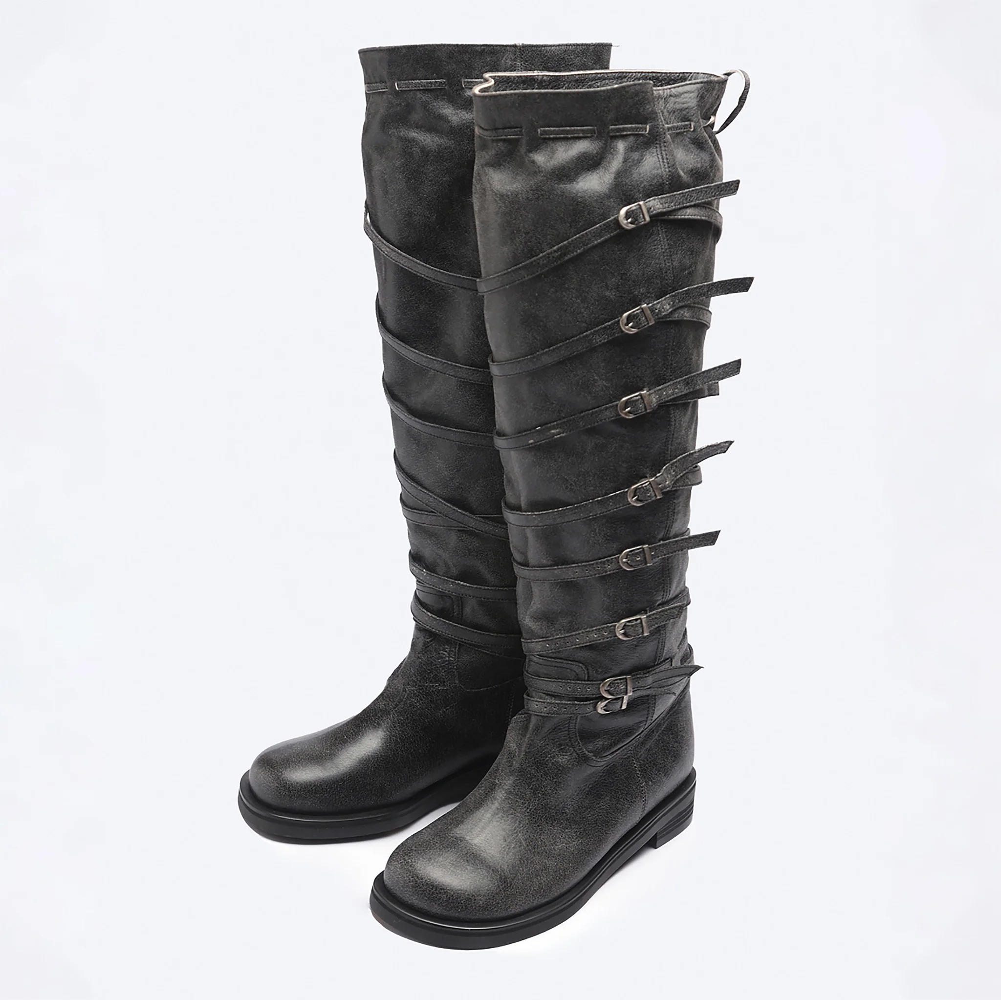 Grey  Knee‑High Leather Multi‑Strap 
Buckle Boots - Image 2