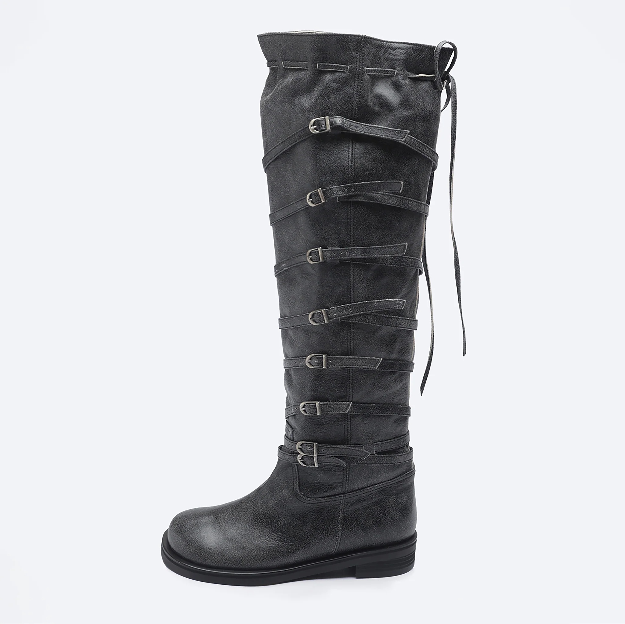 Grey  Knee‑High Leather Multi‑Strap 
Buckle Boots - Image 3