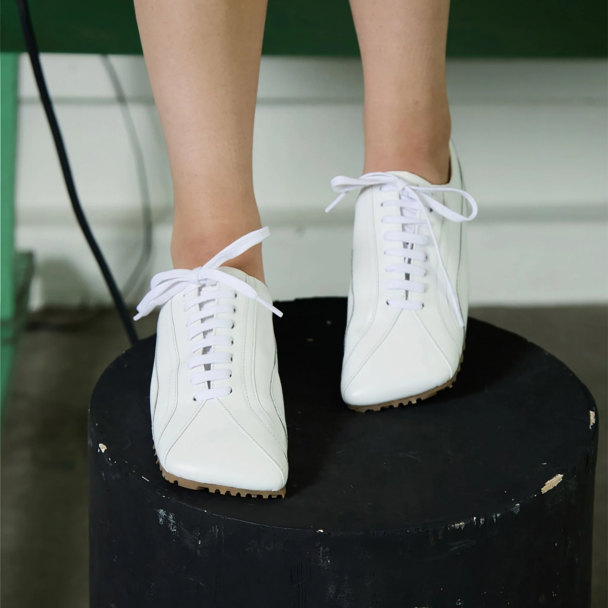 White Leather Minimalist Lace-Up Sneakers - Image 9