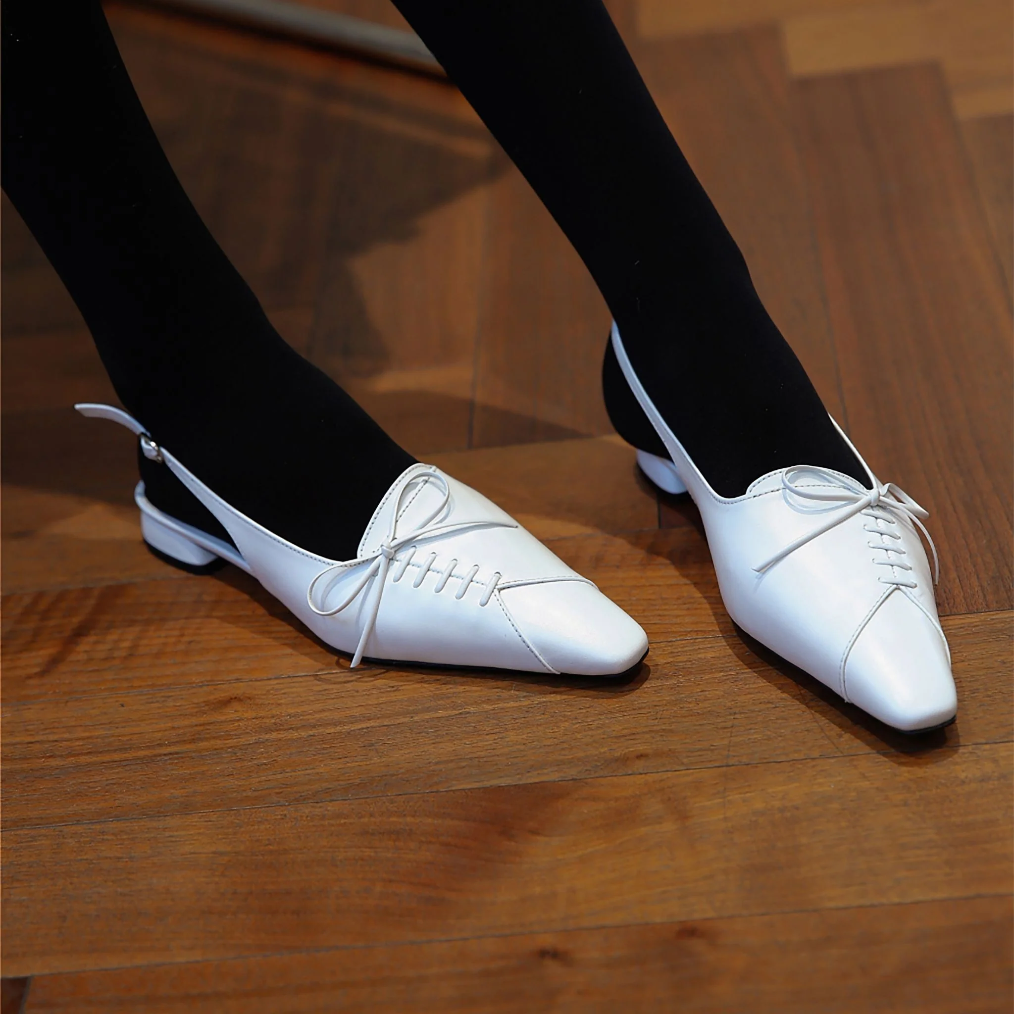 White Slingback Lace-Up Pointed Flats - Image 8