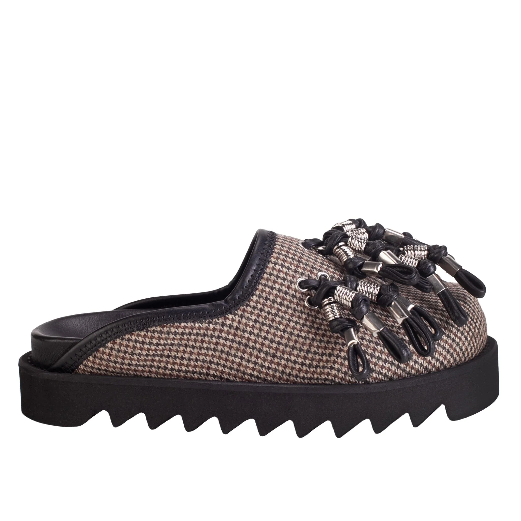 Plaid Industrial Tassel Platform Mules – Brown Mix