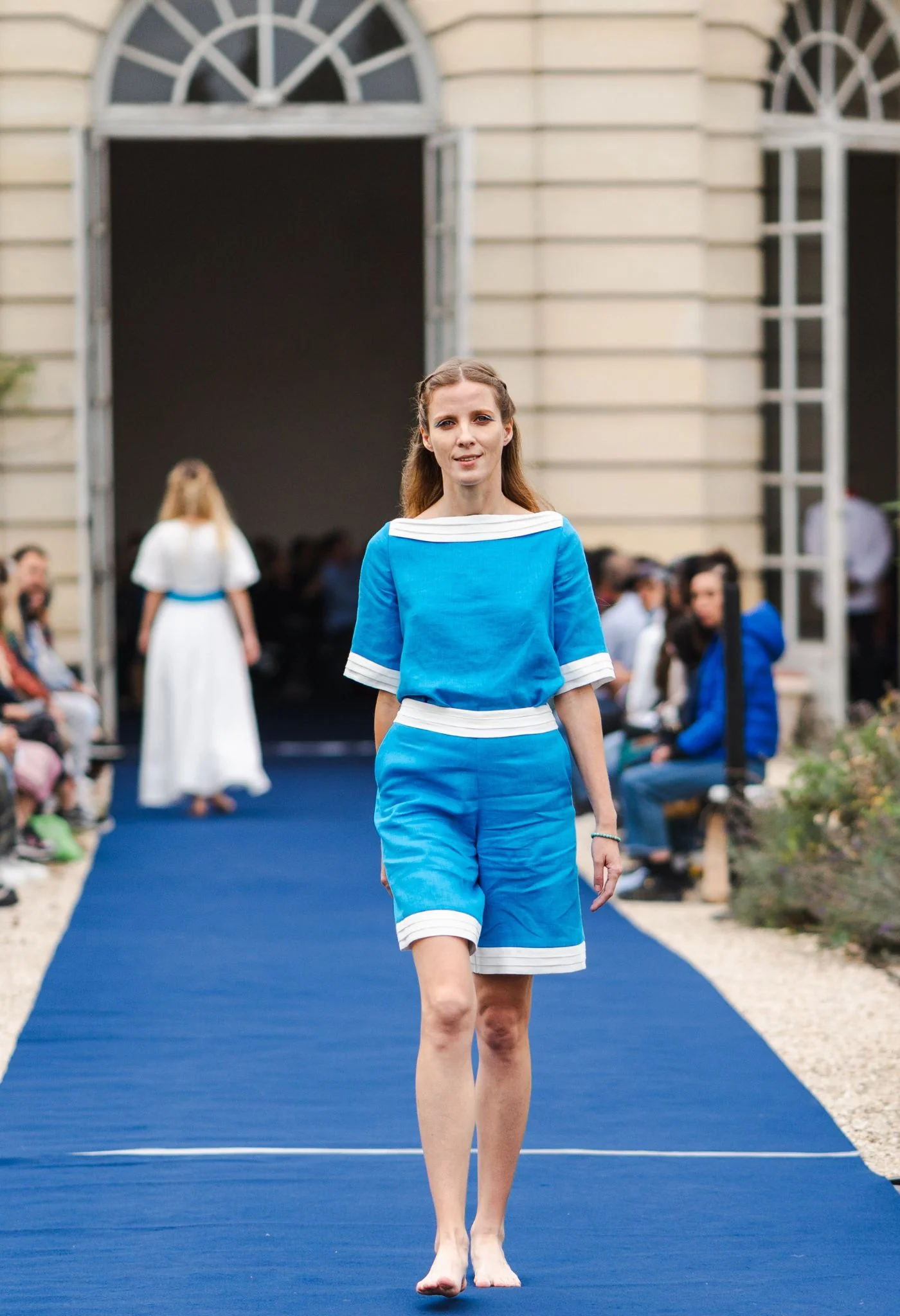 Turquoise Linen Bermuda Shorts with White Trim - Image 3