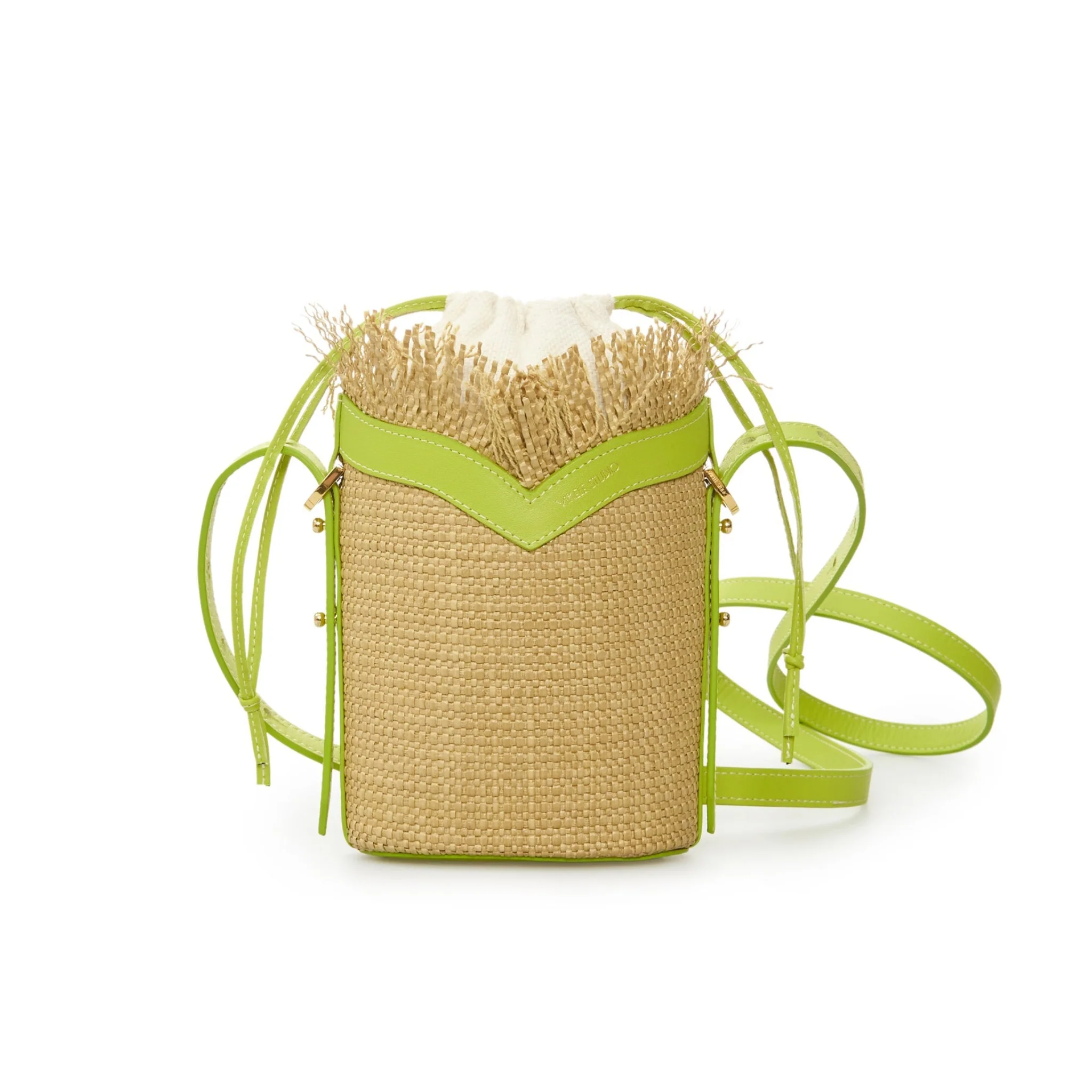 Beige Woven Mini Bucket Bag with Lime Green Leather Trim