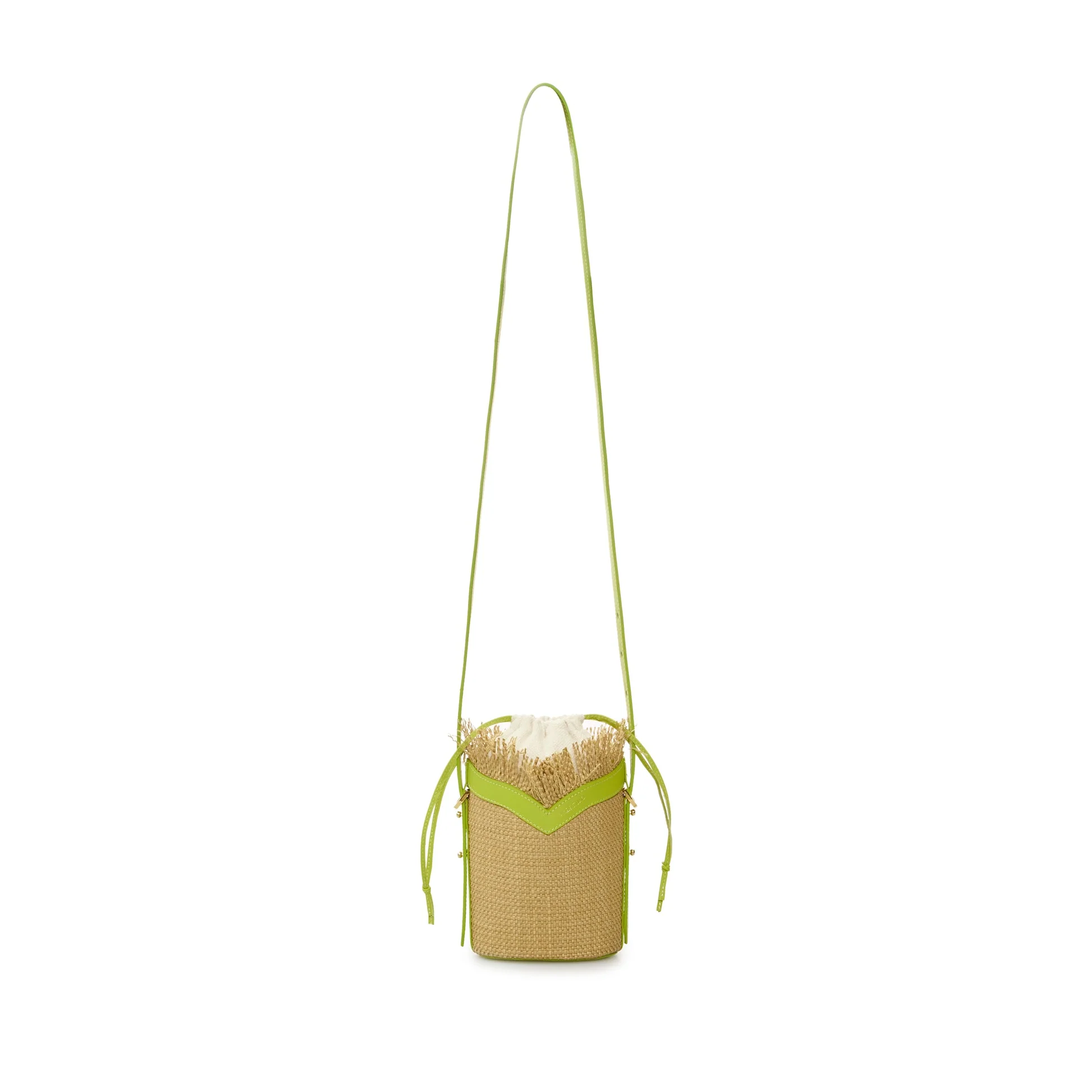 Beige Woven Mini Bucket Bag with Lime Green Leather Trim - Image 2