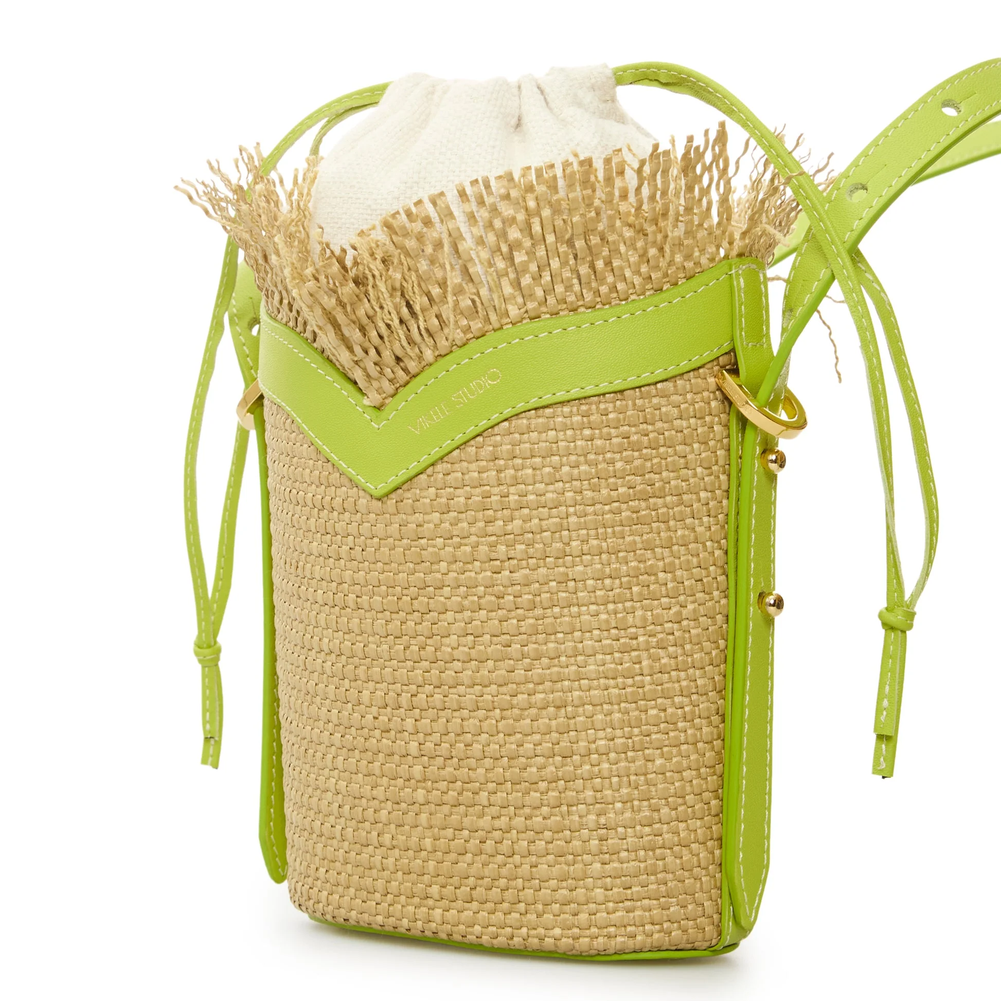 Beige Woven Mini Bucket Bag with Lime Green Leather Trim - Image 3