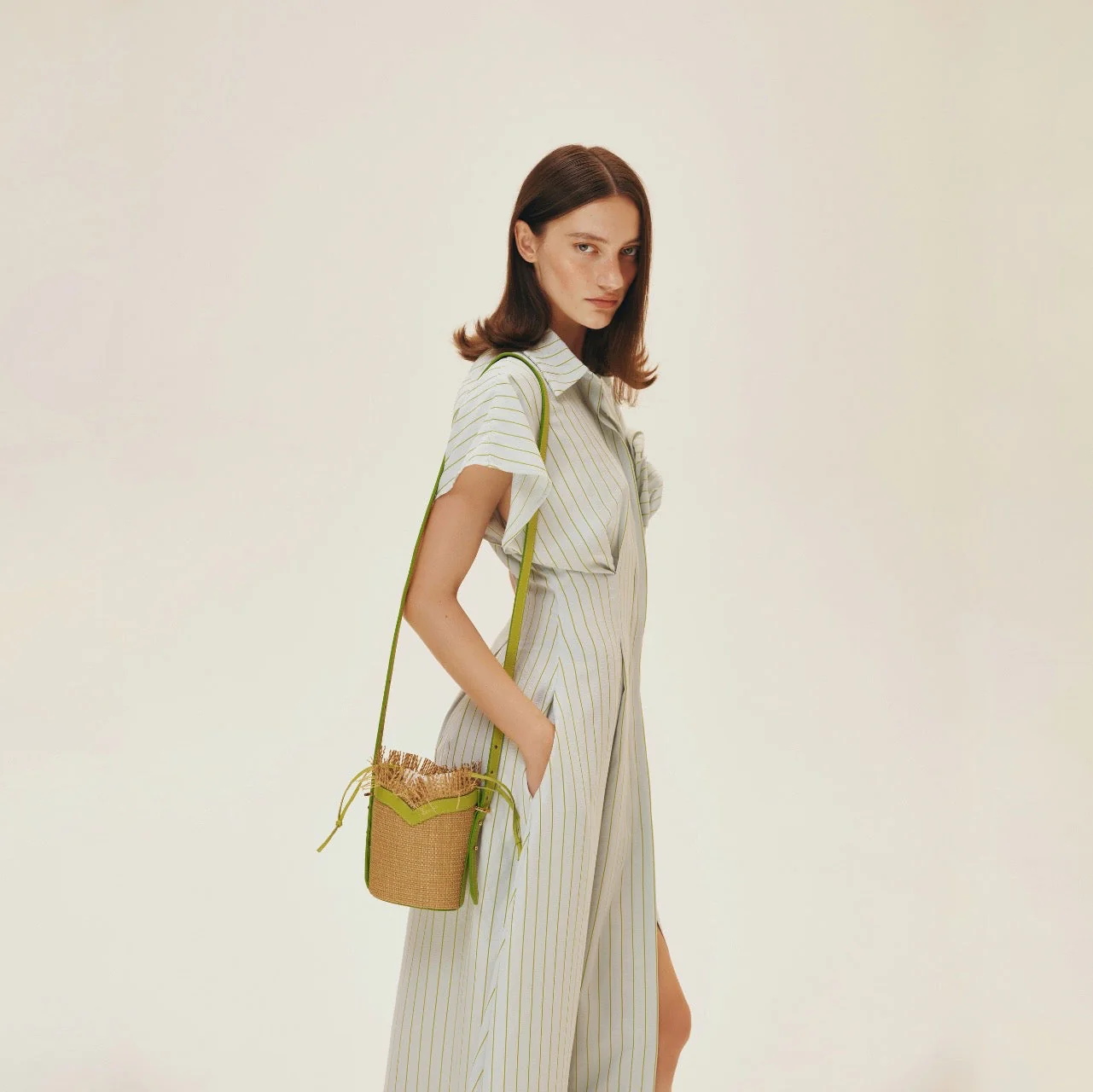 Beige Woven Mini Bucket Bag with Lime Green Leather Trim - Image 4