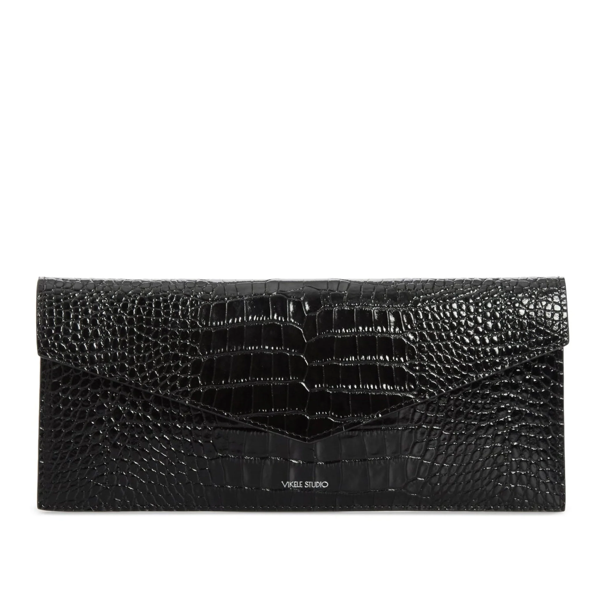 Black Croc-Embossed Leather Clutch with Chain Strap - Image 2