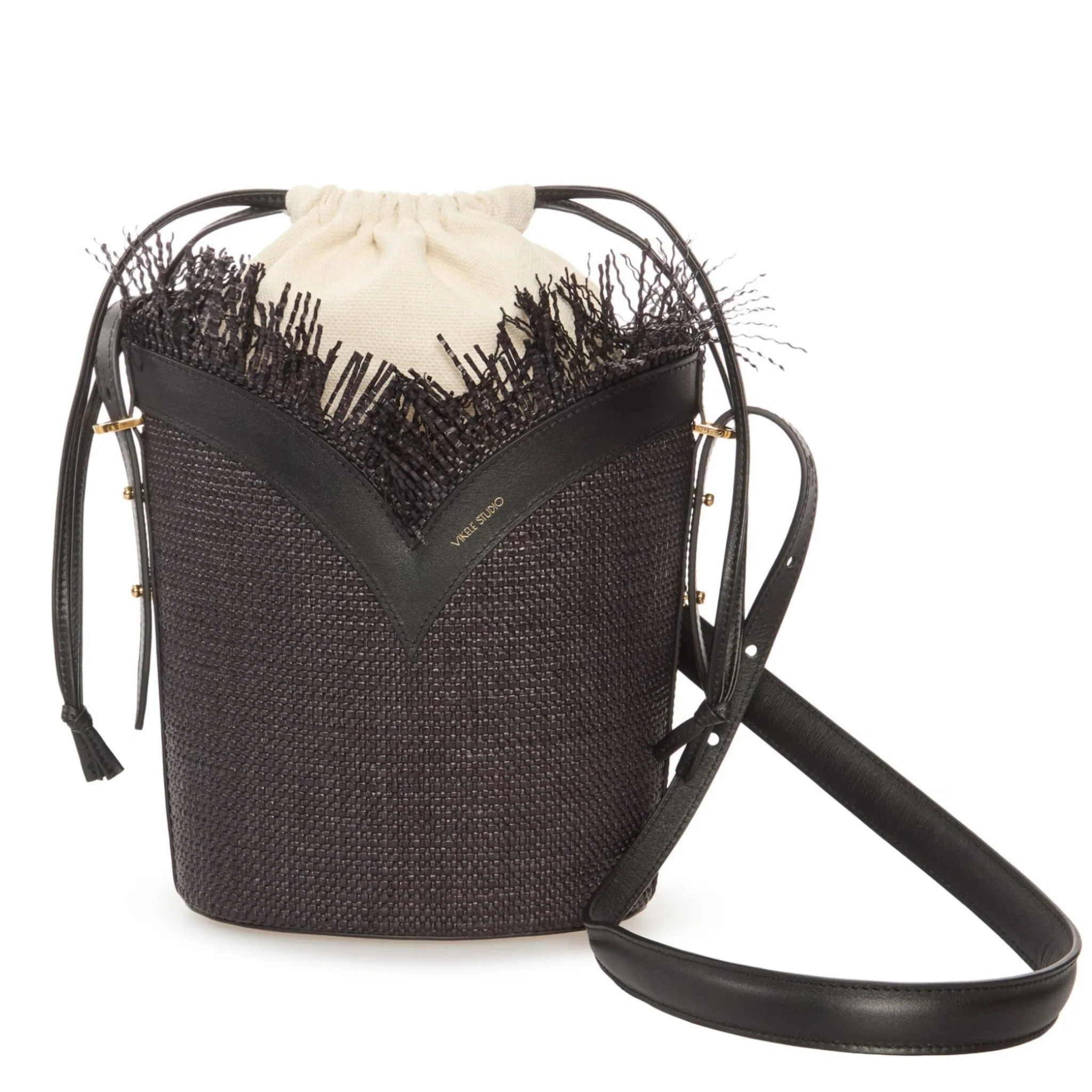 Black Woven Large Bucket Bag with Leather Trim