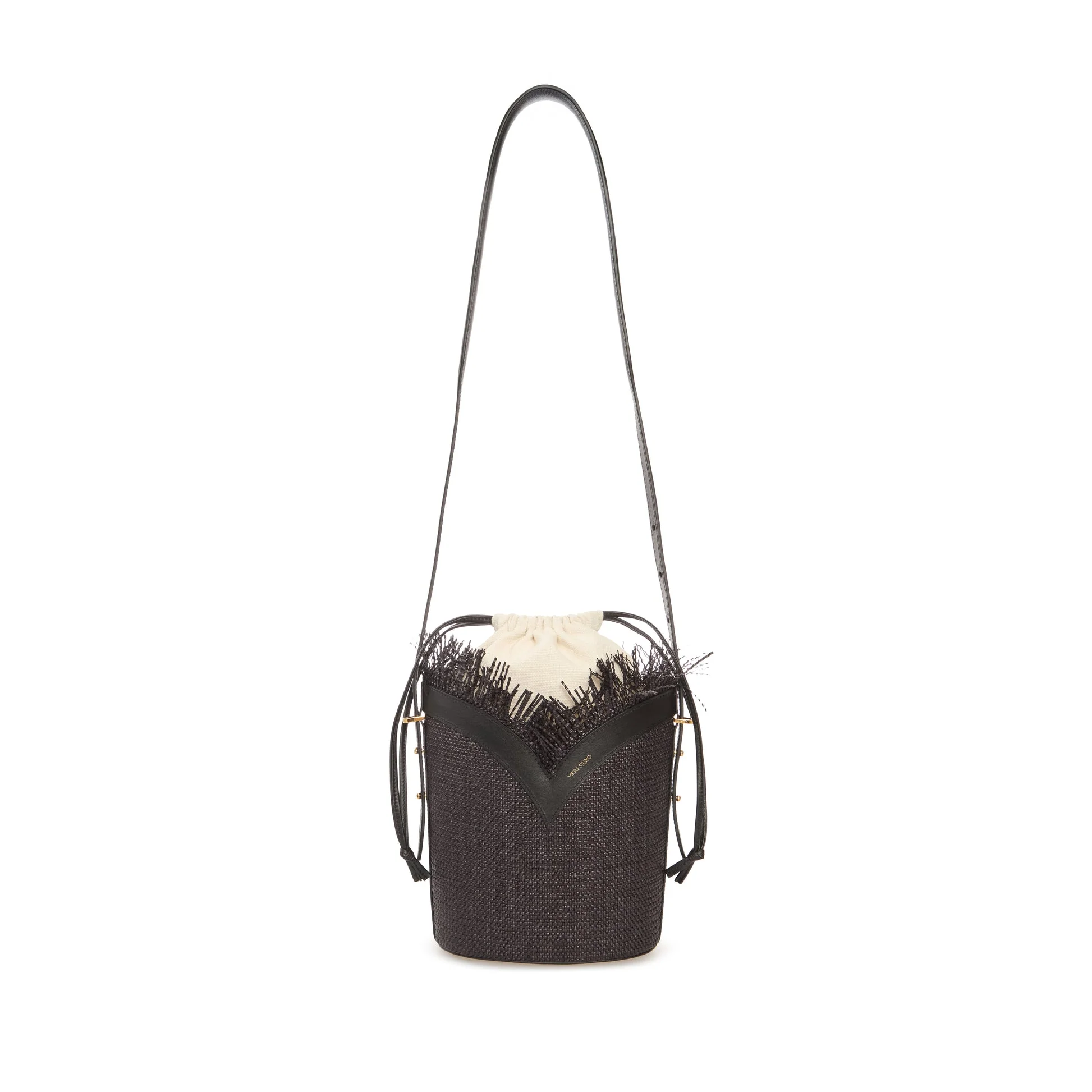 Black Woven Large Bucket Bag with Leather Trim - Image 2