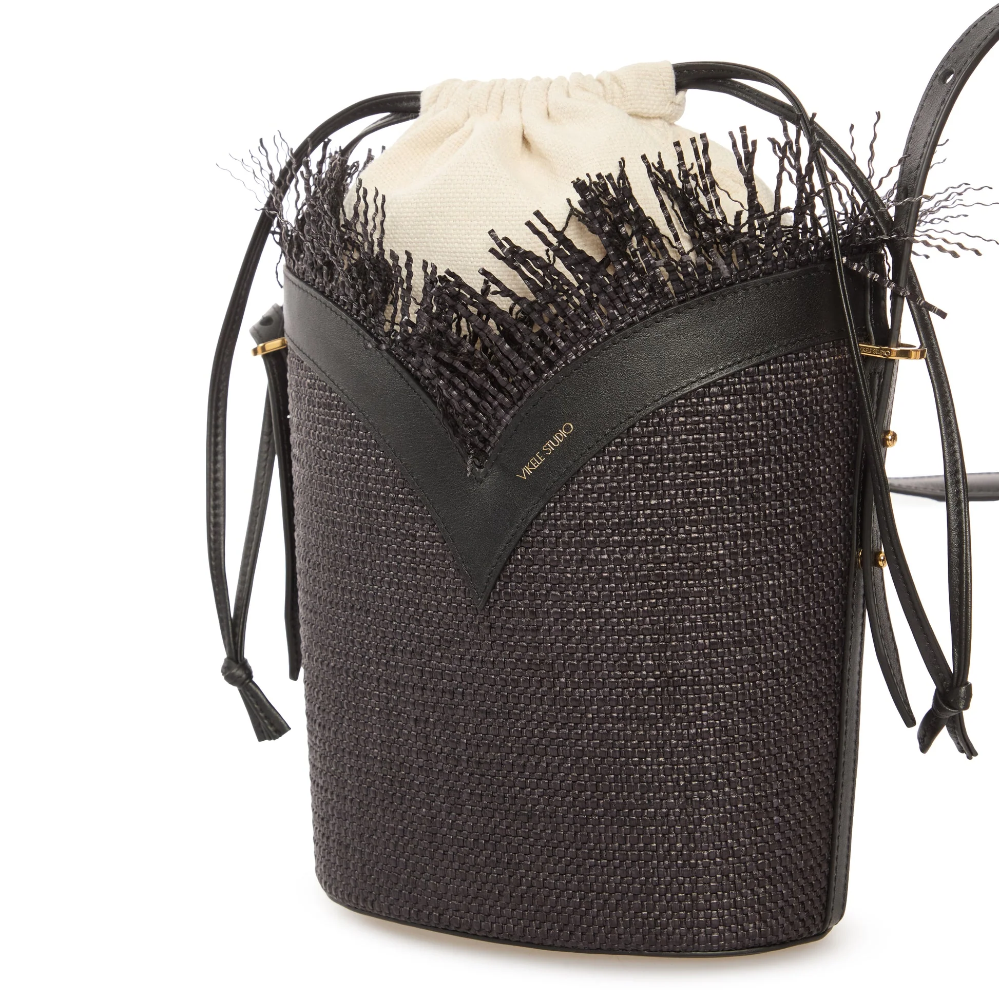 Black Woven Large Bucket Bag with Leather Trim - Image 3
