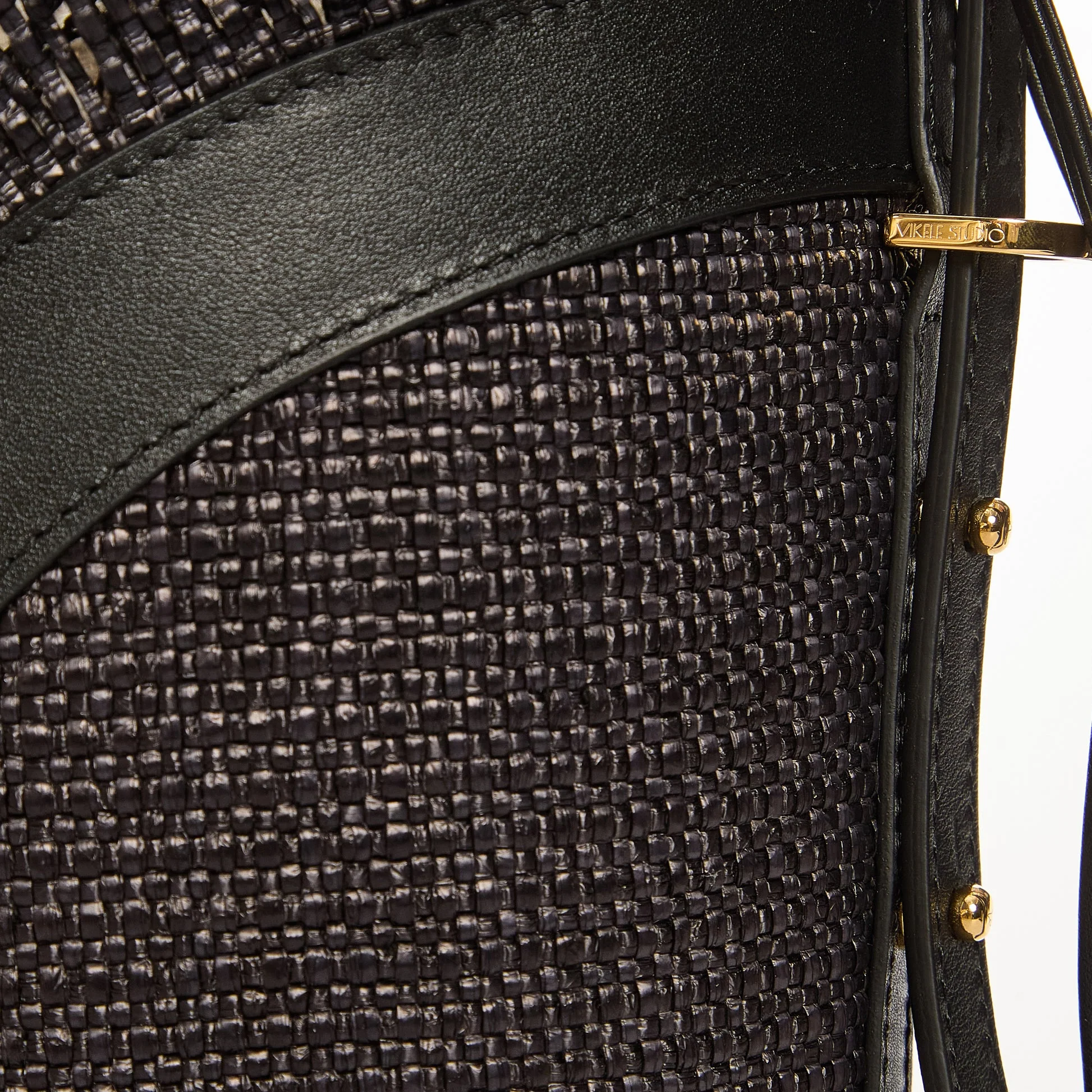 Black Woven Large Bucket Bag with Leather Trim - Image 4