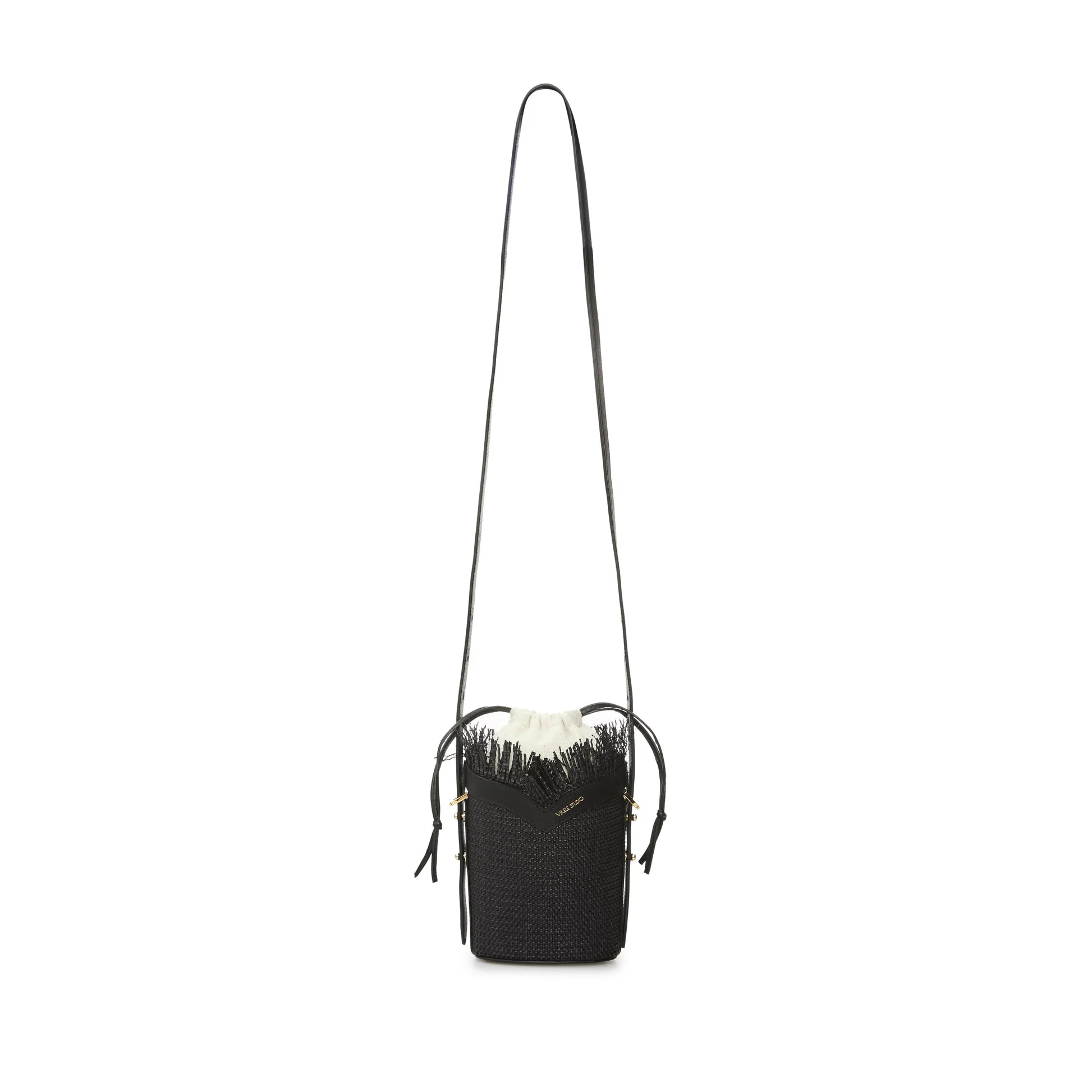 Black Woven Mini Bucket Bag with Leather Trim - Image 2