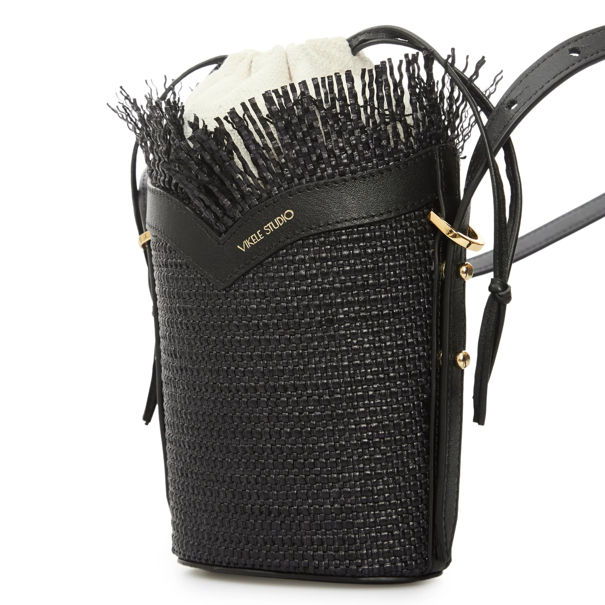 Black Woven Mini Bucket Bag with Leather Trim - Image 3