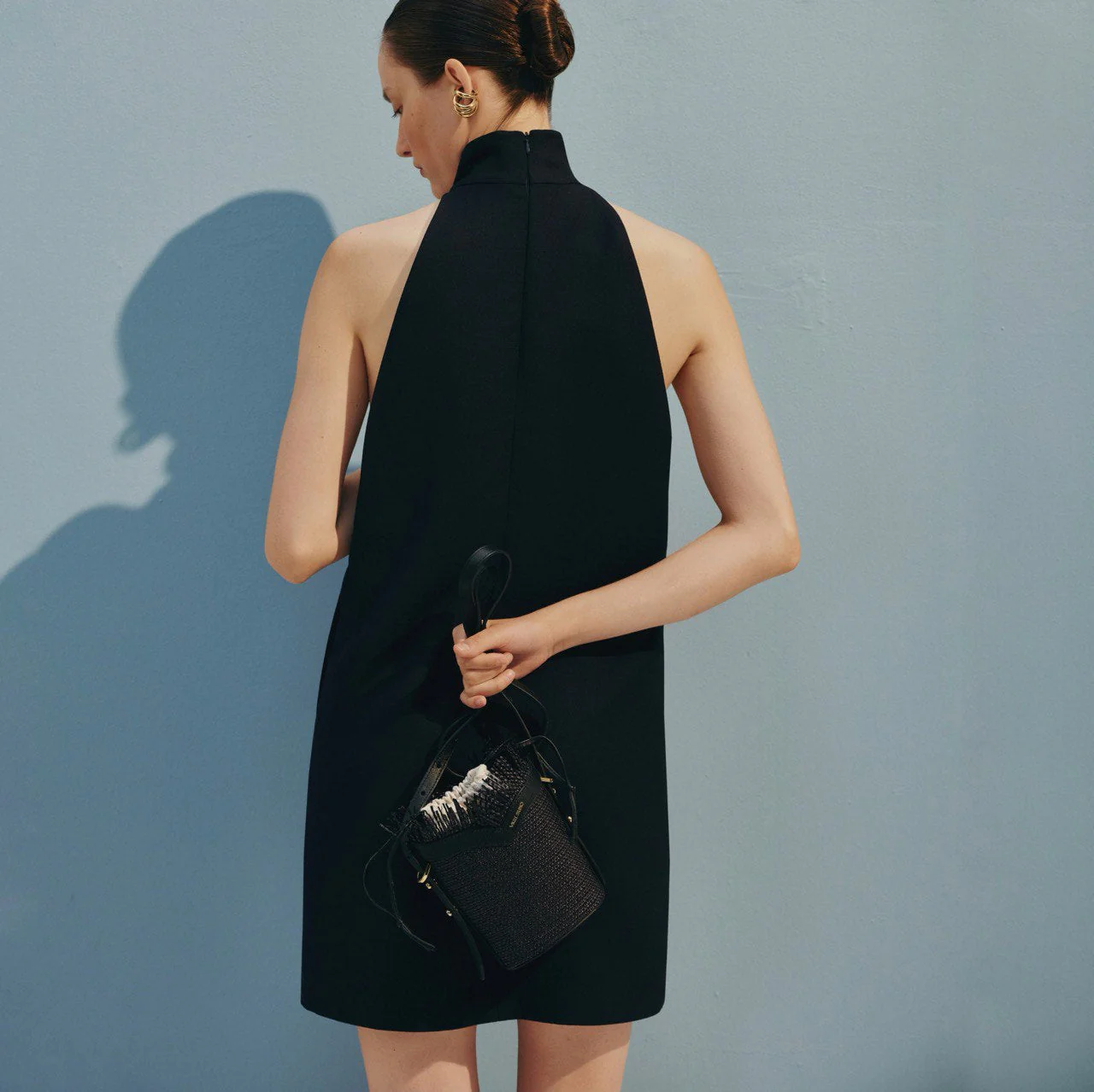Black Woven Mini Bucket Bag with Leather Trim - Image 4