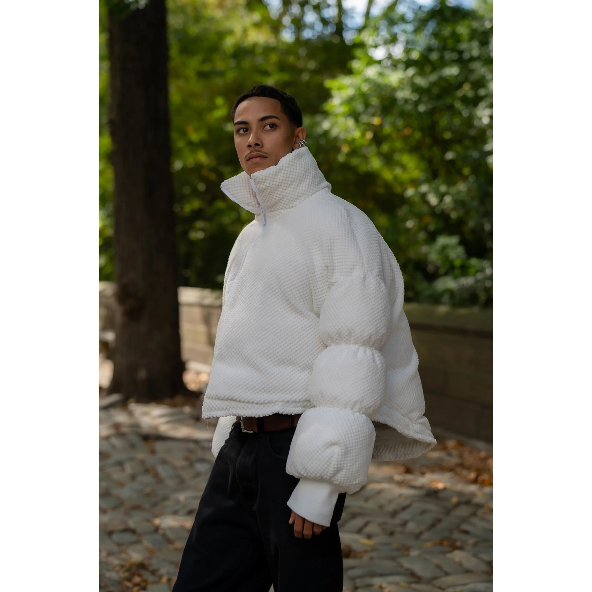 White Sculptural Puffer Jacket ANCHOR in Textured Tech Fabric - Image 2
