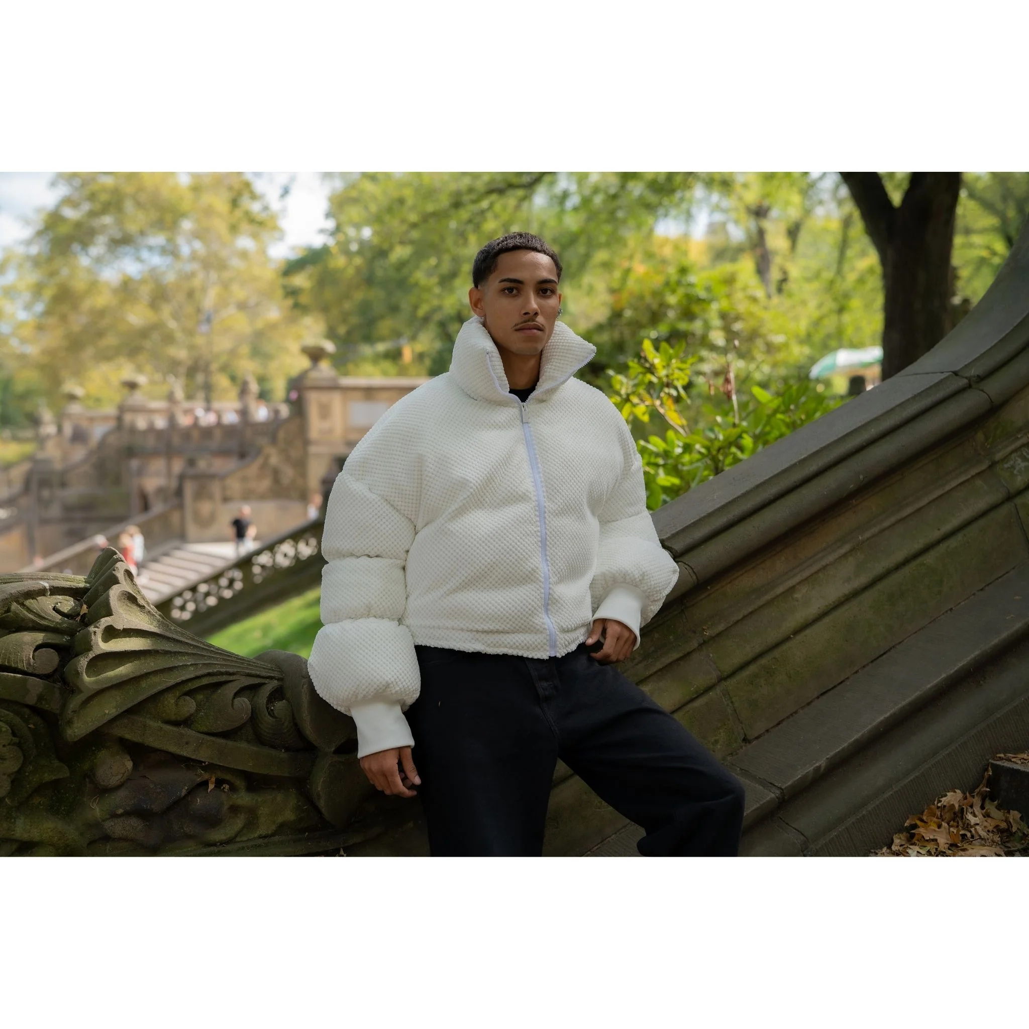 White Sculptural Puffer Jacket ANCHOR in Textured Tech Fabric - Image 3