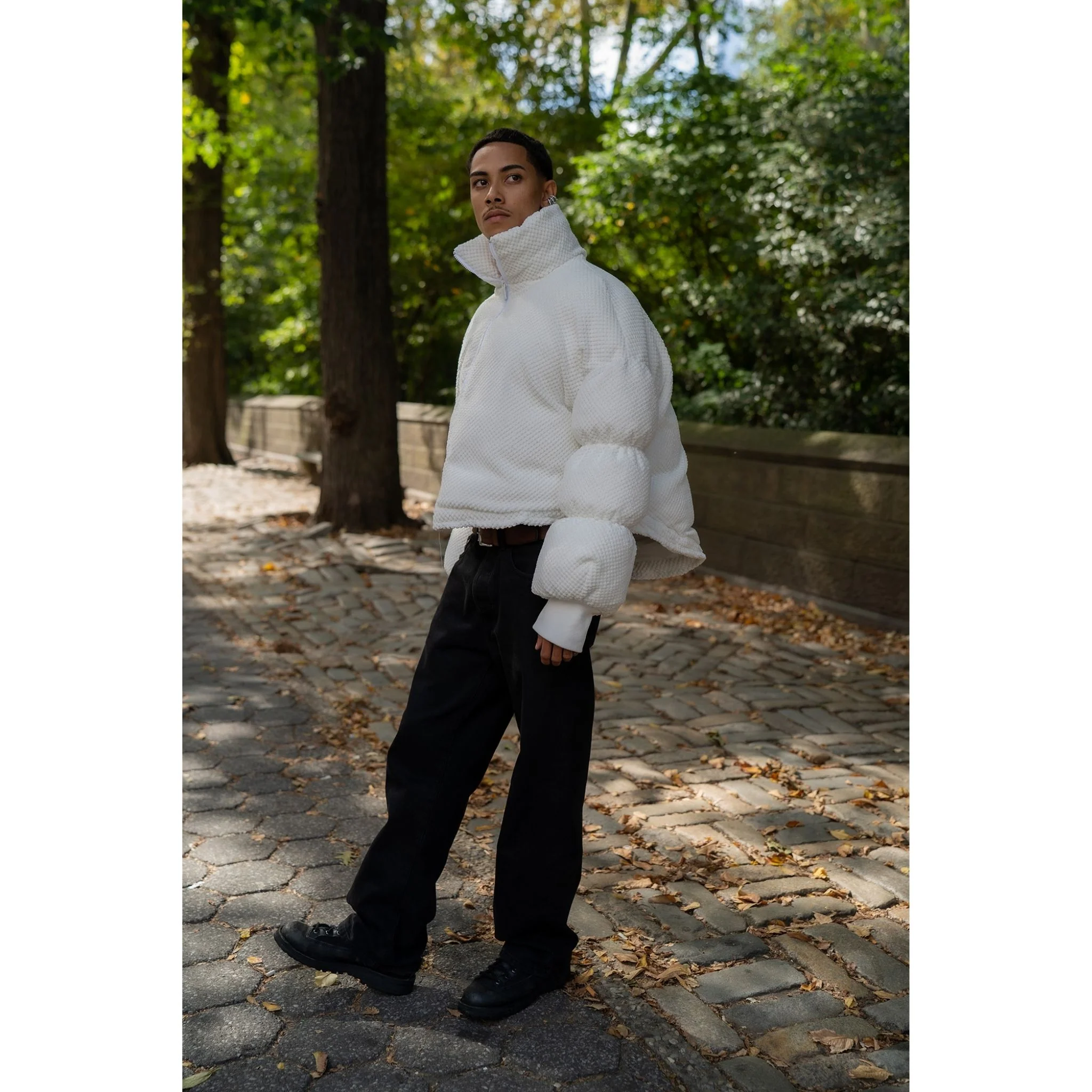 White Sculptural Puffer Jacket ANCHOR in Textured Tech Fabric - Image 4